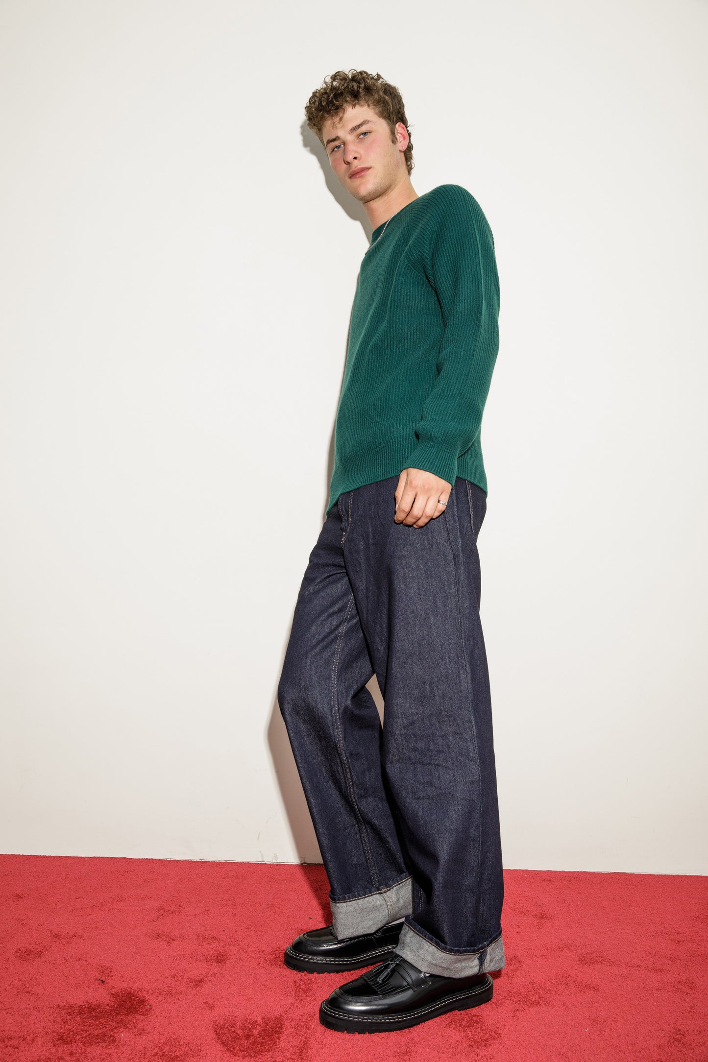 Fisherman Ribbed Cashmere Crew Neck - Forest Green