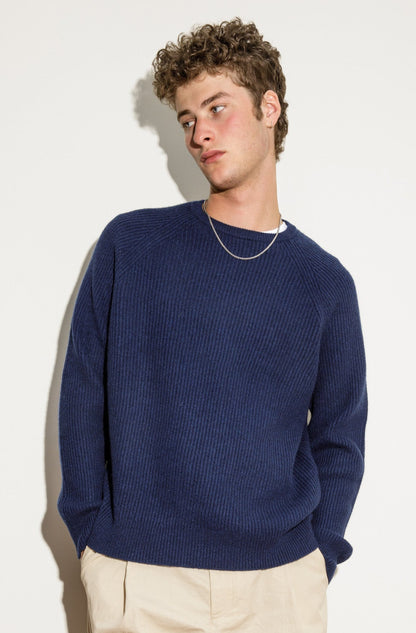 Fisherman Ribbed Cashmere Crew Neck - Navy