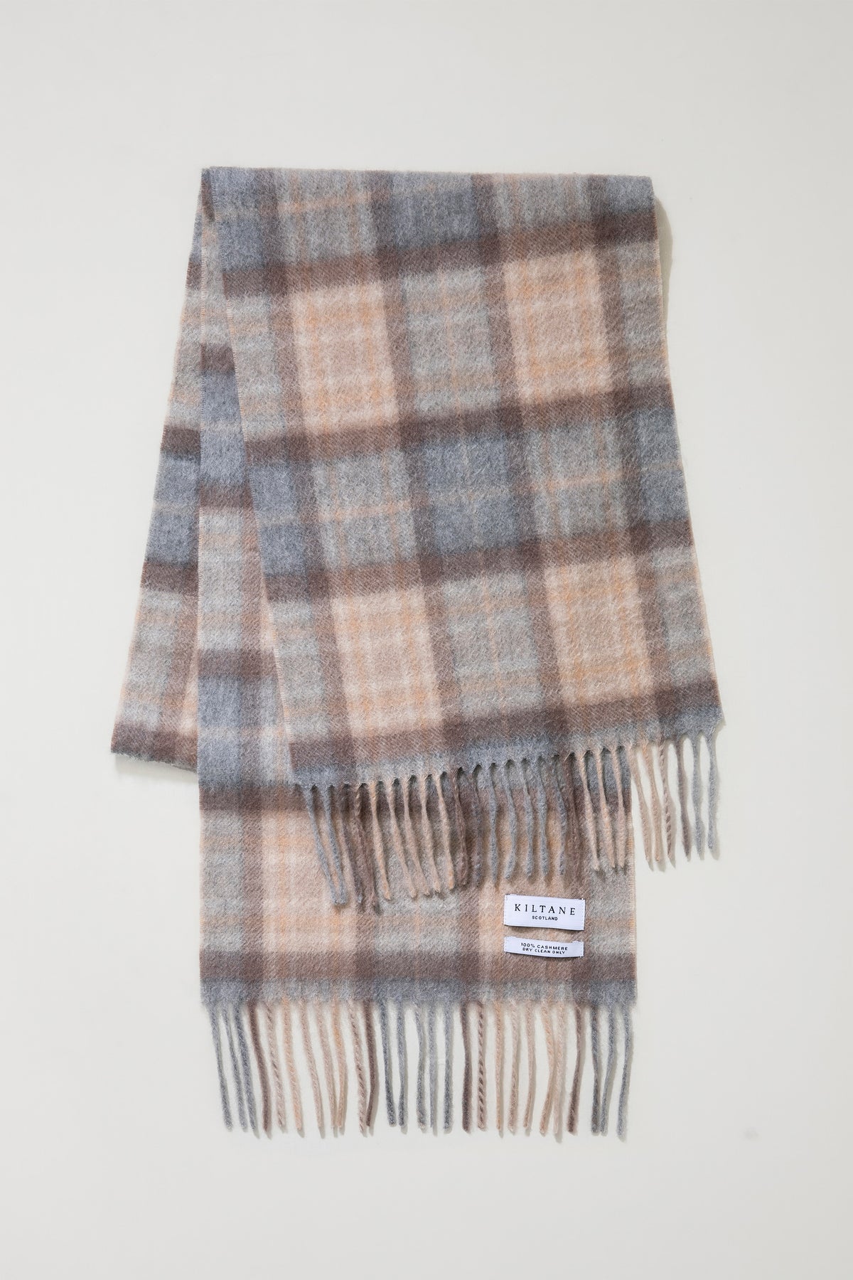 Heritage Tartan Cashmere Scarf - Mackellar Natural folded flat showing full check pattern with fringed ends and Kiltane label