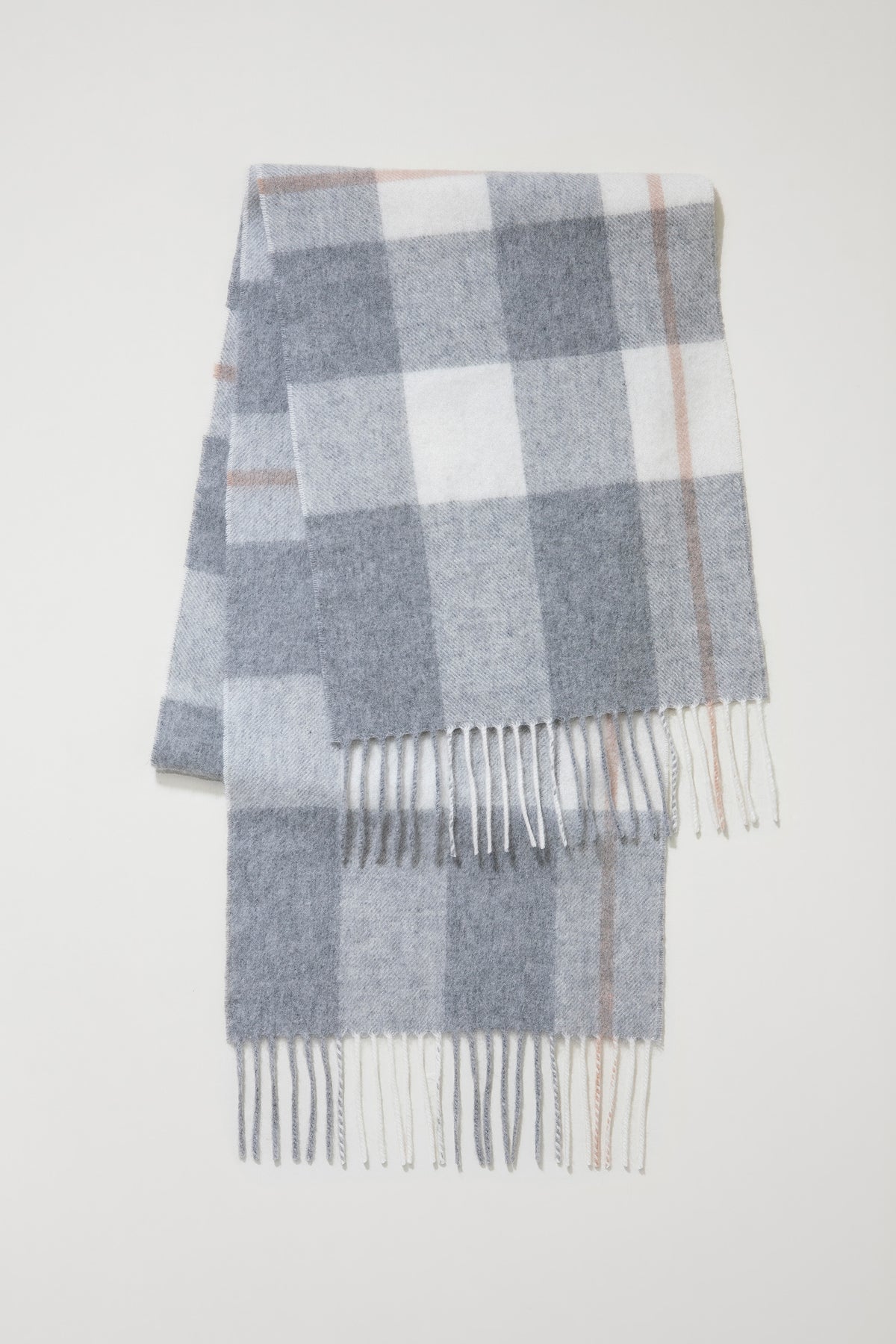 Contemporary Check Cashmere Scarf in grey folded flat showing full check pattern with pink accent stripes and fringed ends