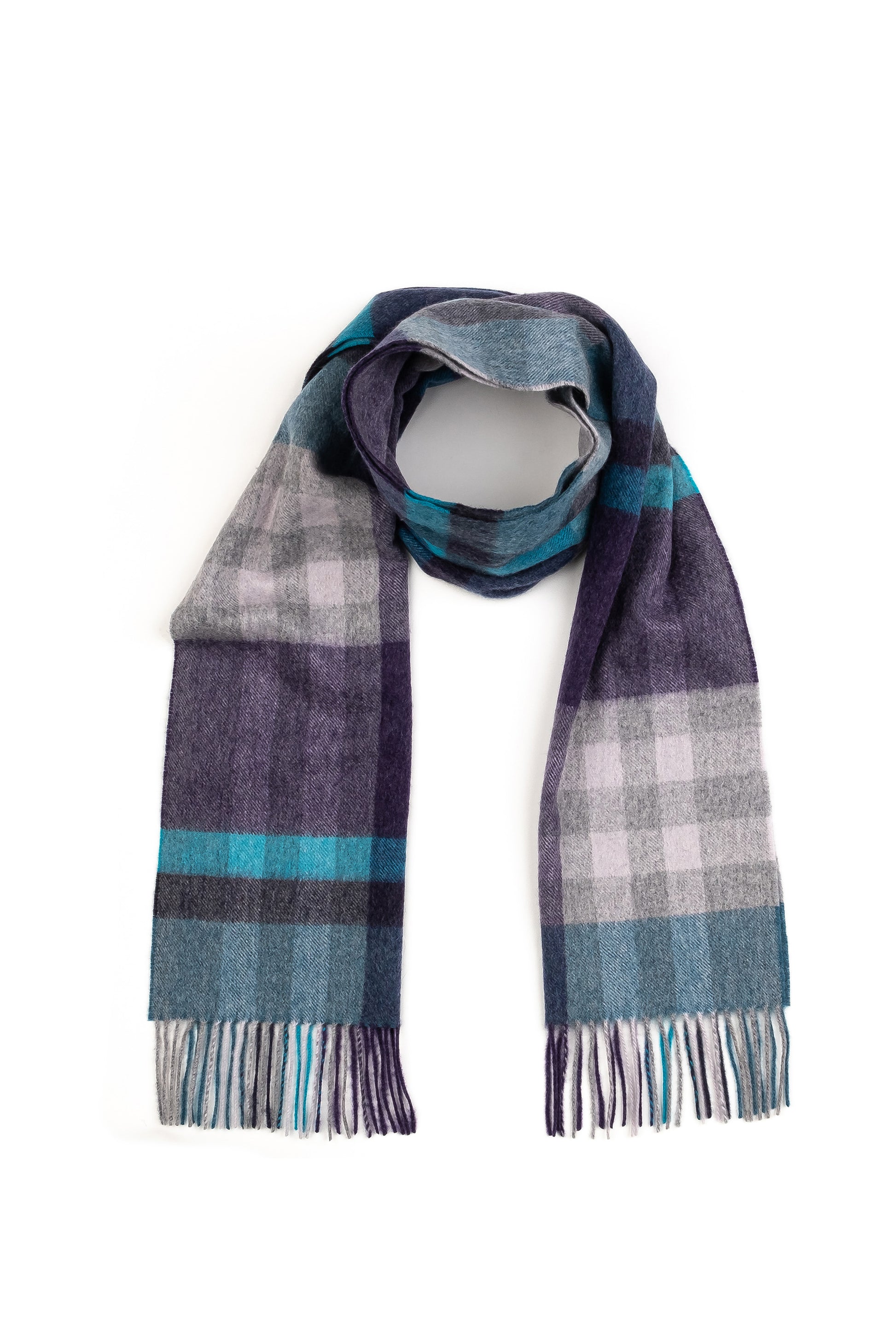 Tartan 2 Cashmere Wide Scarf in Blue looped at the neck, showing purple, teal, and grey plaid pattern with fringed ends