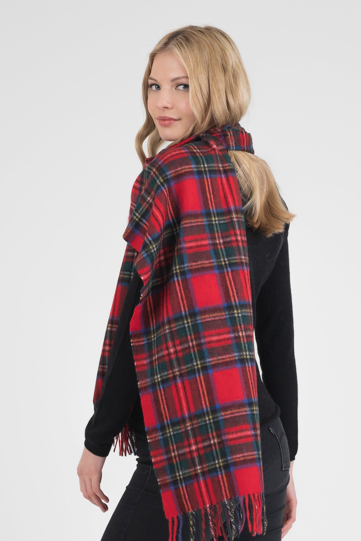 Heritage Tartan Cashmere Wide Scarf in Royal Stewart draped over shoulders, back view showing full tartan pattern and fringe detail