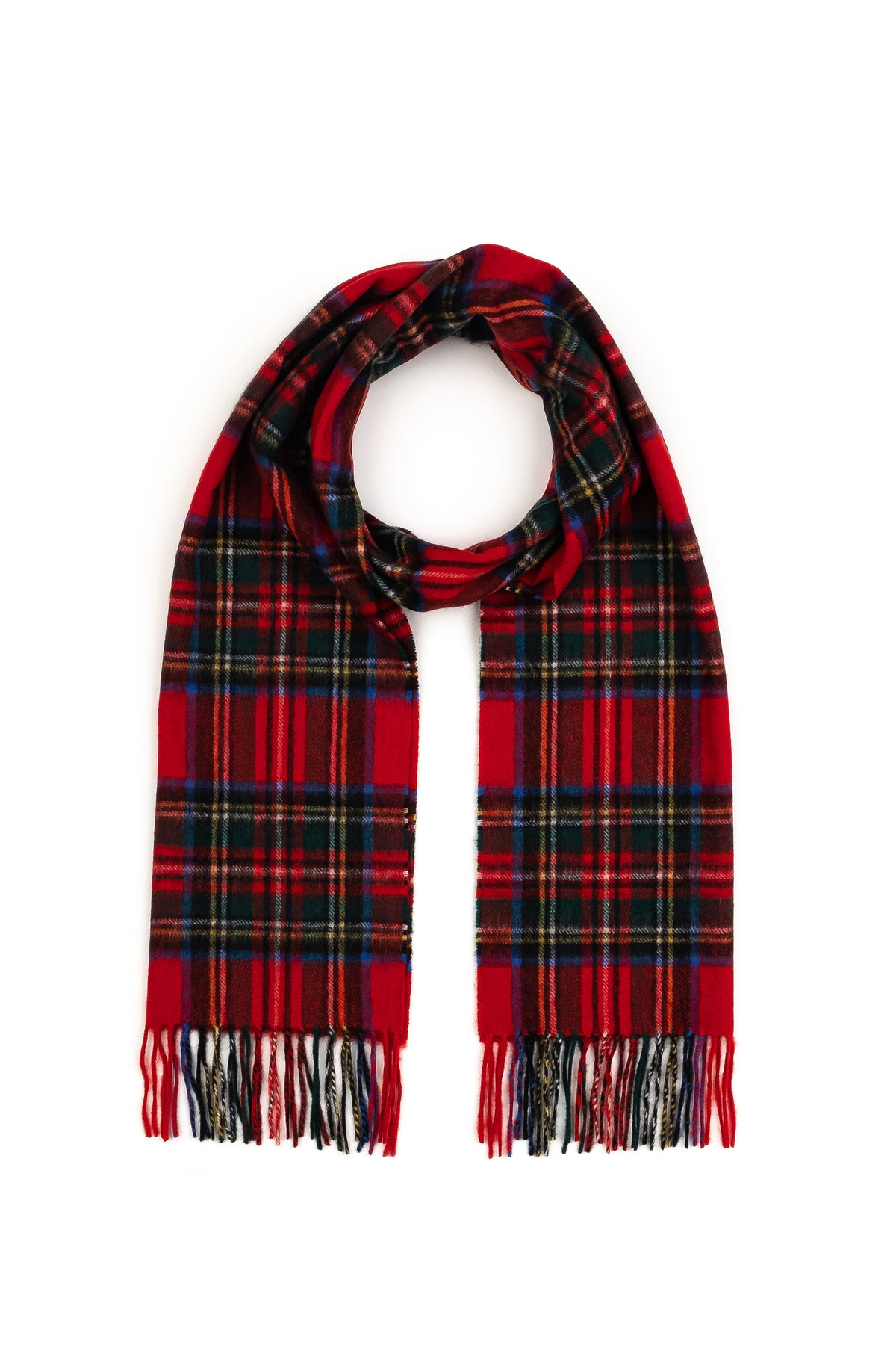 Heritage Tartan Cashmere Wide Scarf in Royal Stewart draped in a loop showing the full red tartan pattern and fringed ends