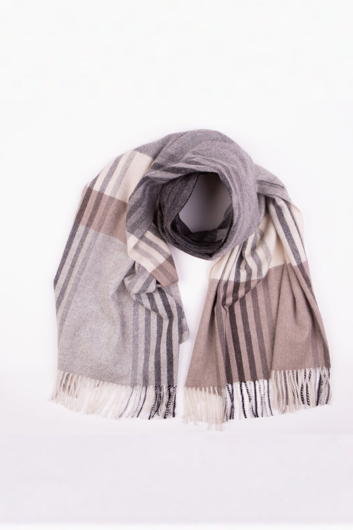 Contemporary Check Cashmere Stole in Monochrome loosely looped showing grey, taupe, and cream plaid pattern with fringed ends