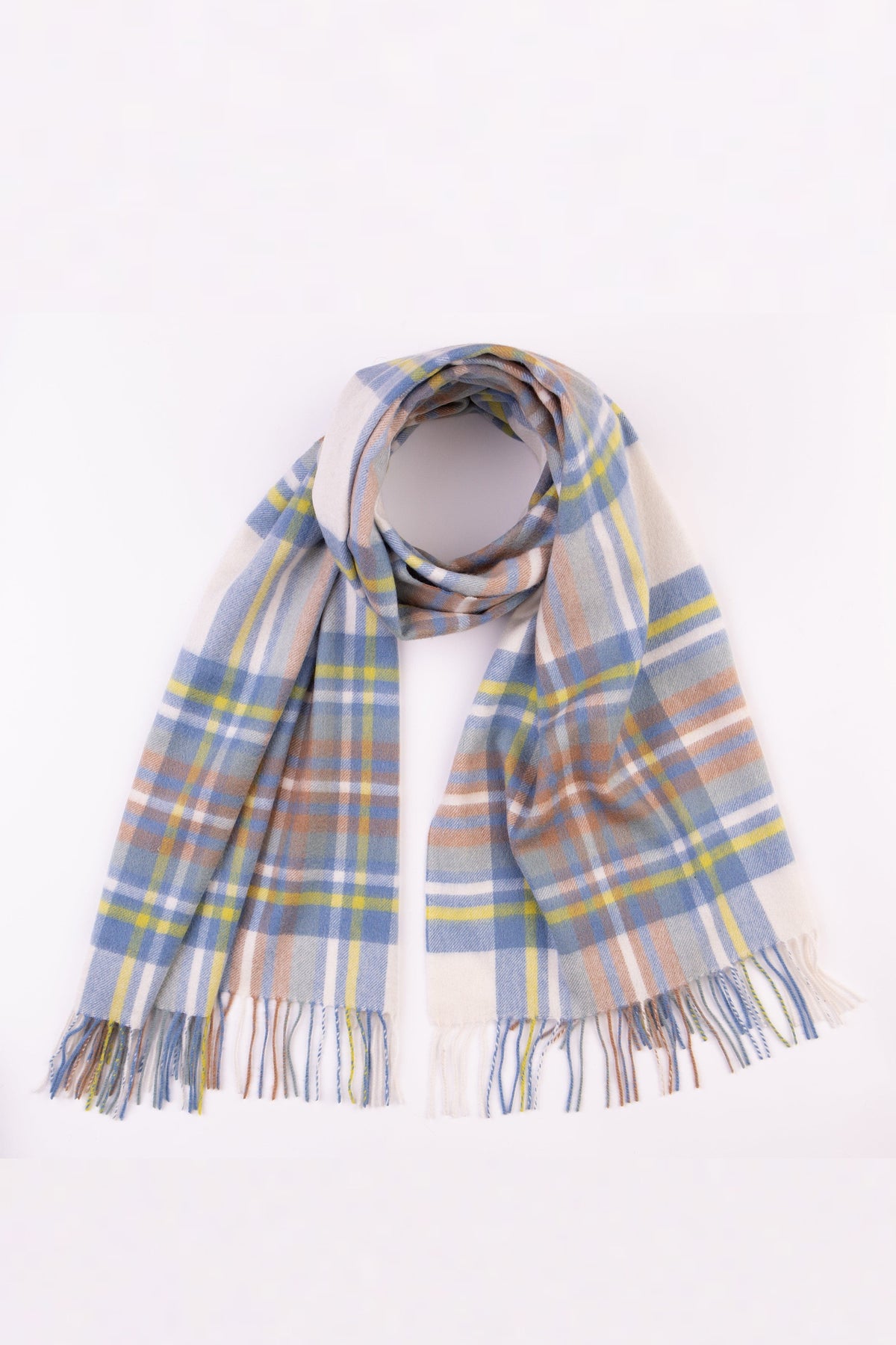 Heritage Tartan Cashmere Stole in Muted Blue Stewart loosely looped to display the full plaid pattern and fringed ends