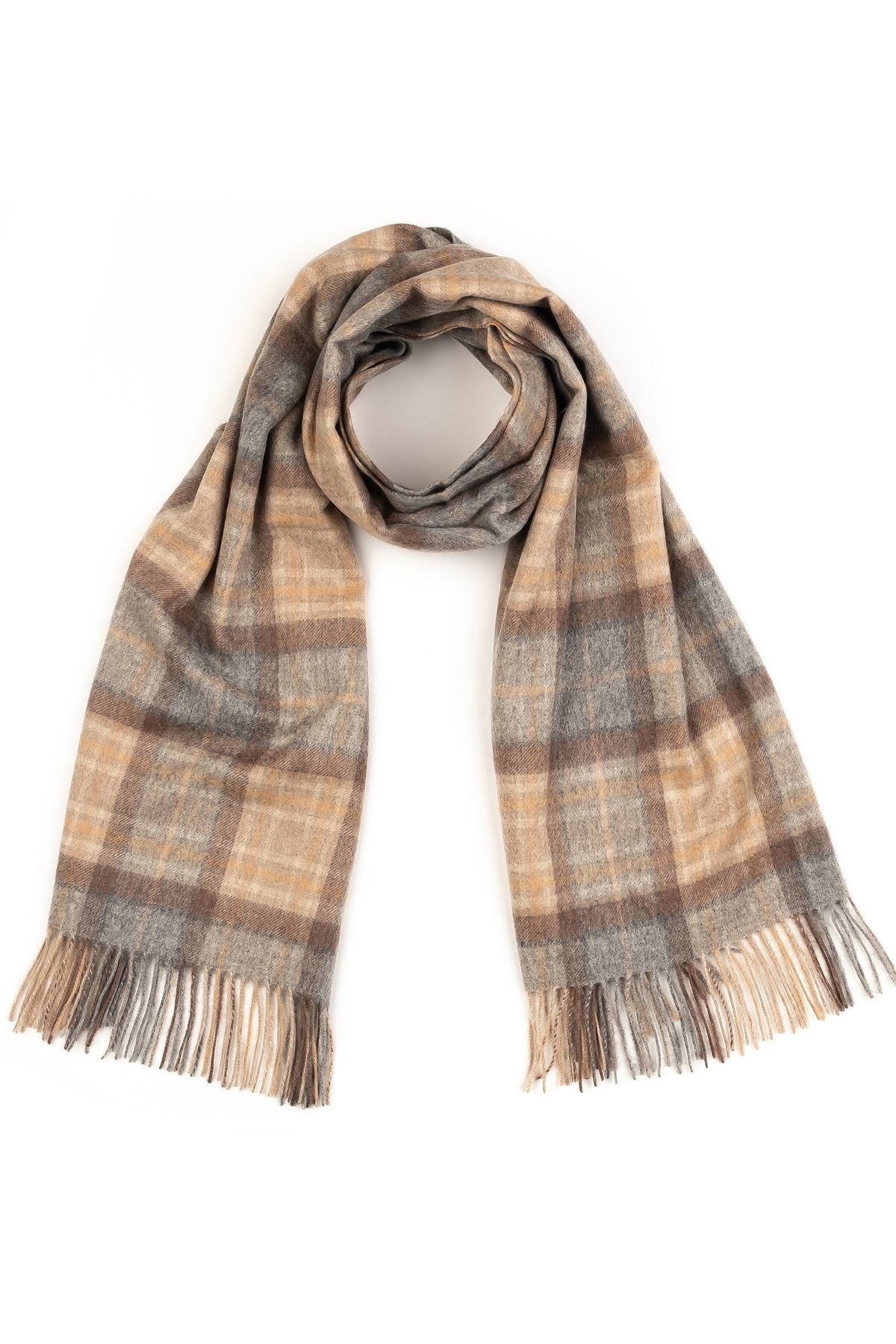 Heritage Tartan Cashmere Stole - Mackellar Natural loosely rolled at centre showing full plaid pattern in warm tan, brown, and grey tones with fringed ends