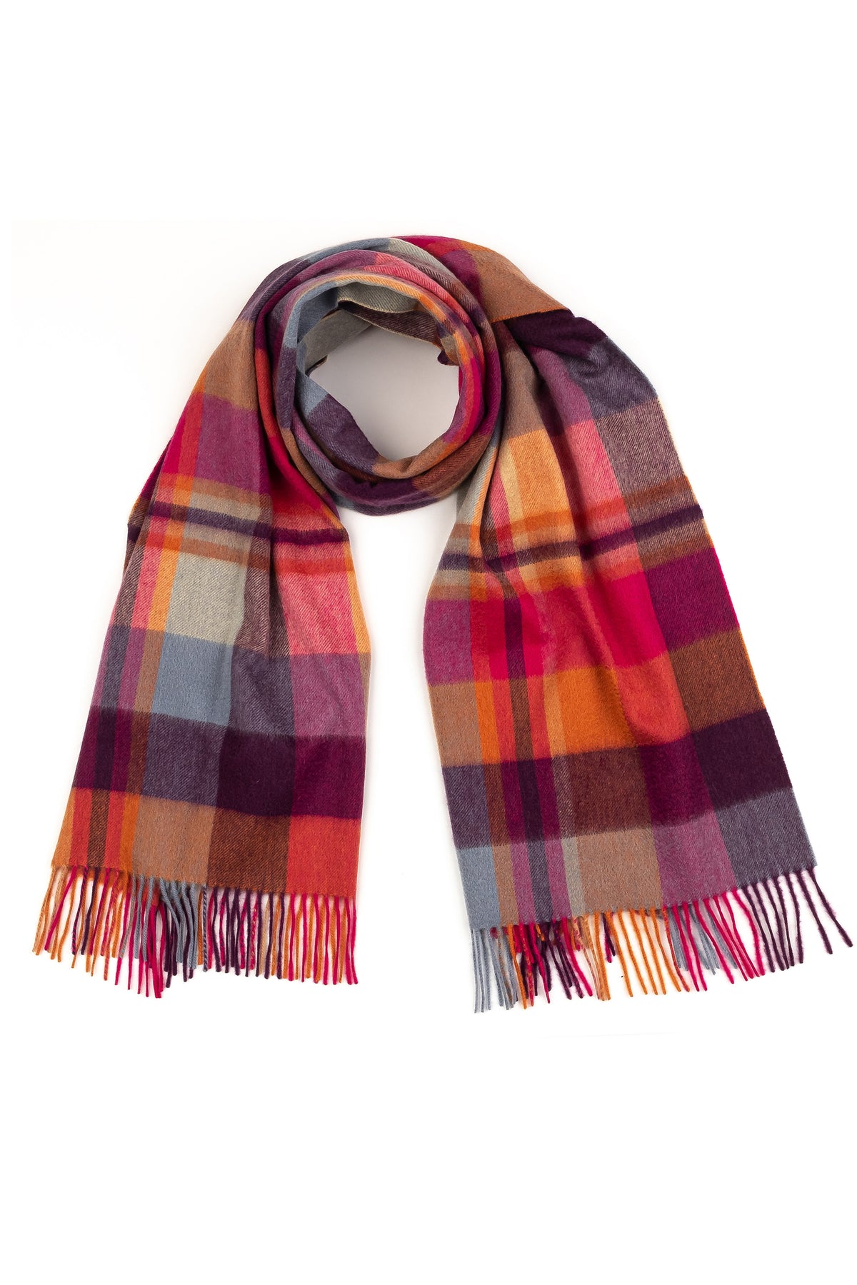 Square Check Cashmere Stole in Orient Ginger laid flat showing full plaid pattern in pink, orange, plum, and grey with fringed ends