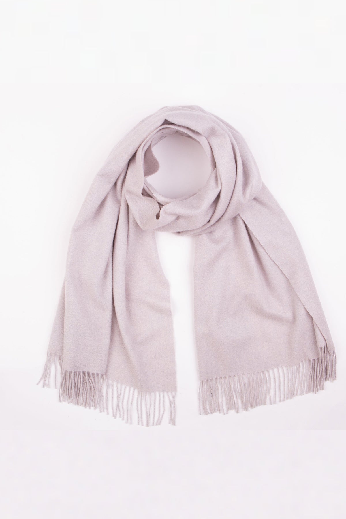Solid Cashmere Stole in Potash draped and looped showing the soft grey-lavender tone and fringed ends