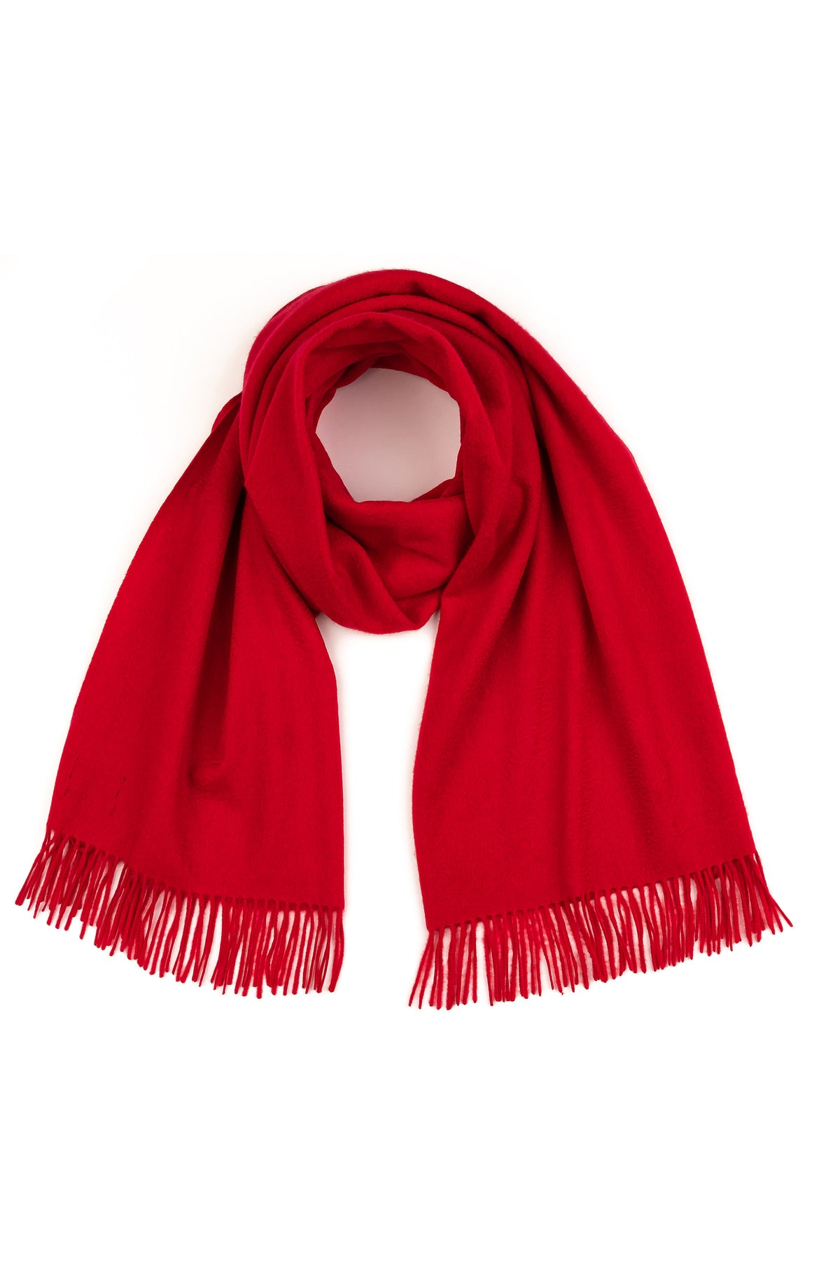 Solid Cashmere Stole in Red loosely looped to show soft drape and fringed ends on white background