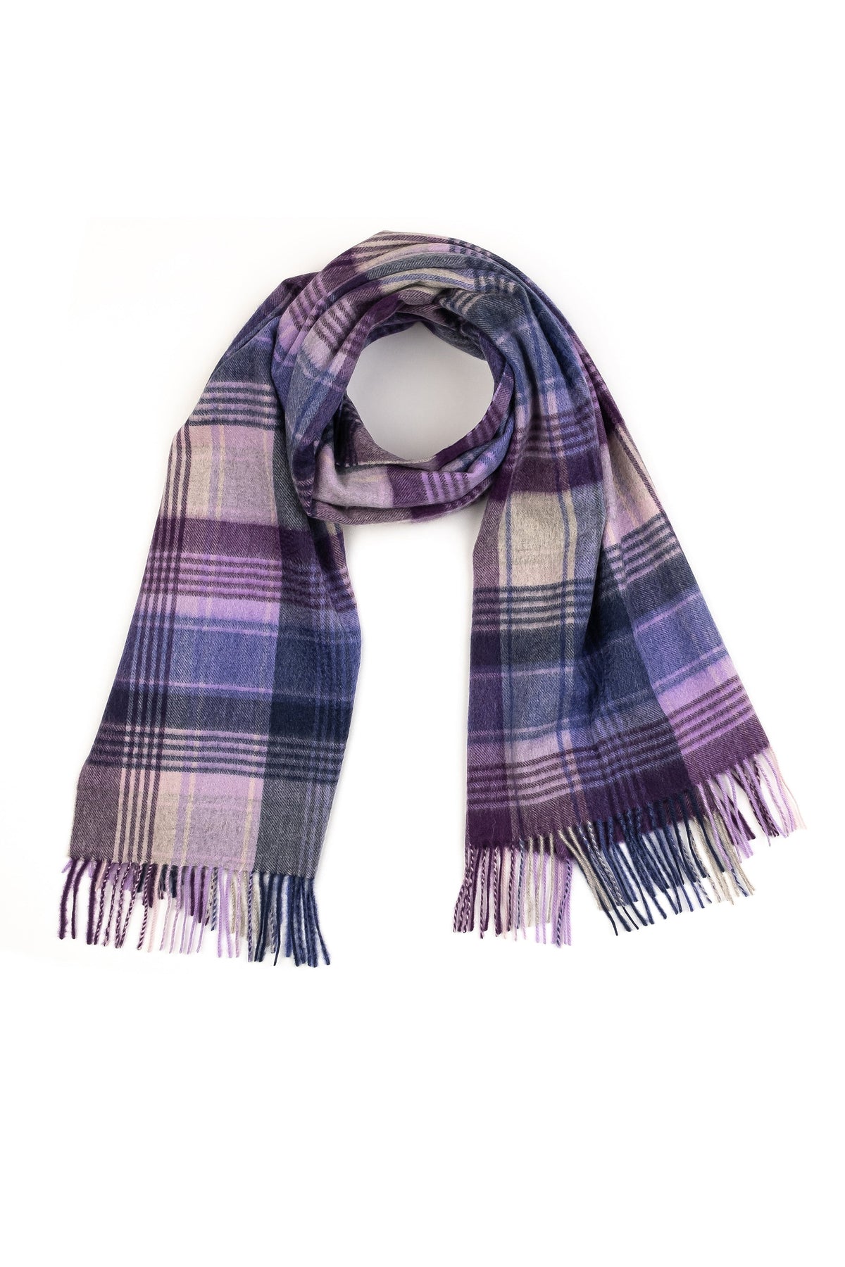 Repeat Edge Cashmere Stole in Purple draped in a loop showing the full tartan plaid pattern with fringed ends