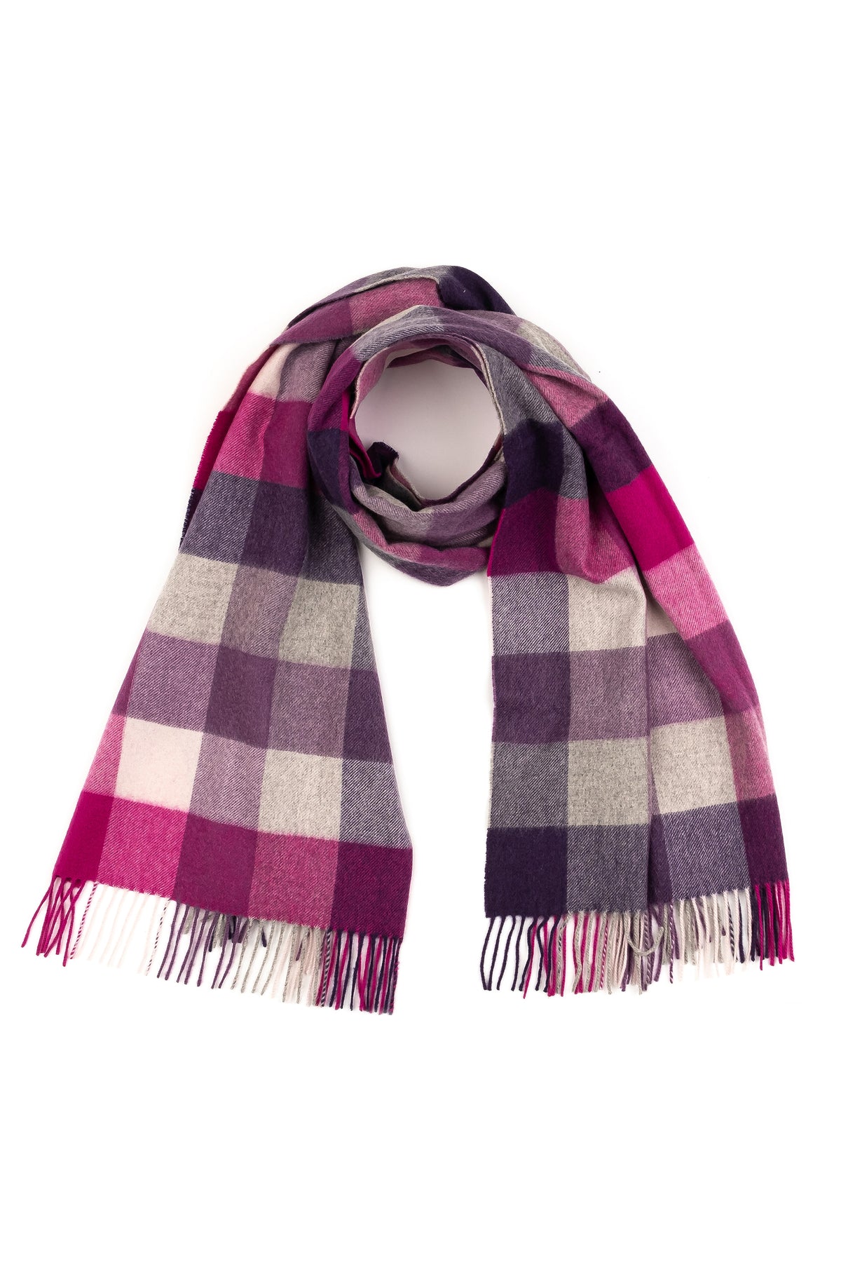 5 Square Check Cashmere Stole in Purple, draped in a loop showing the full check pattern with fringed ends