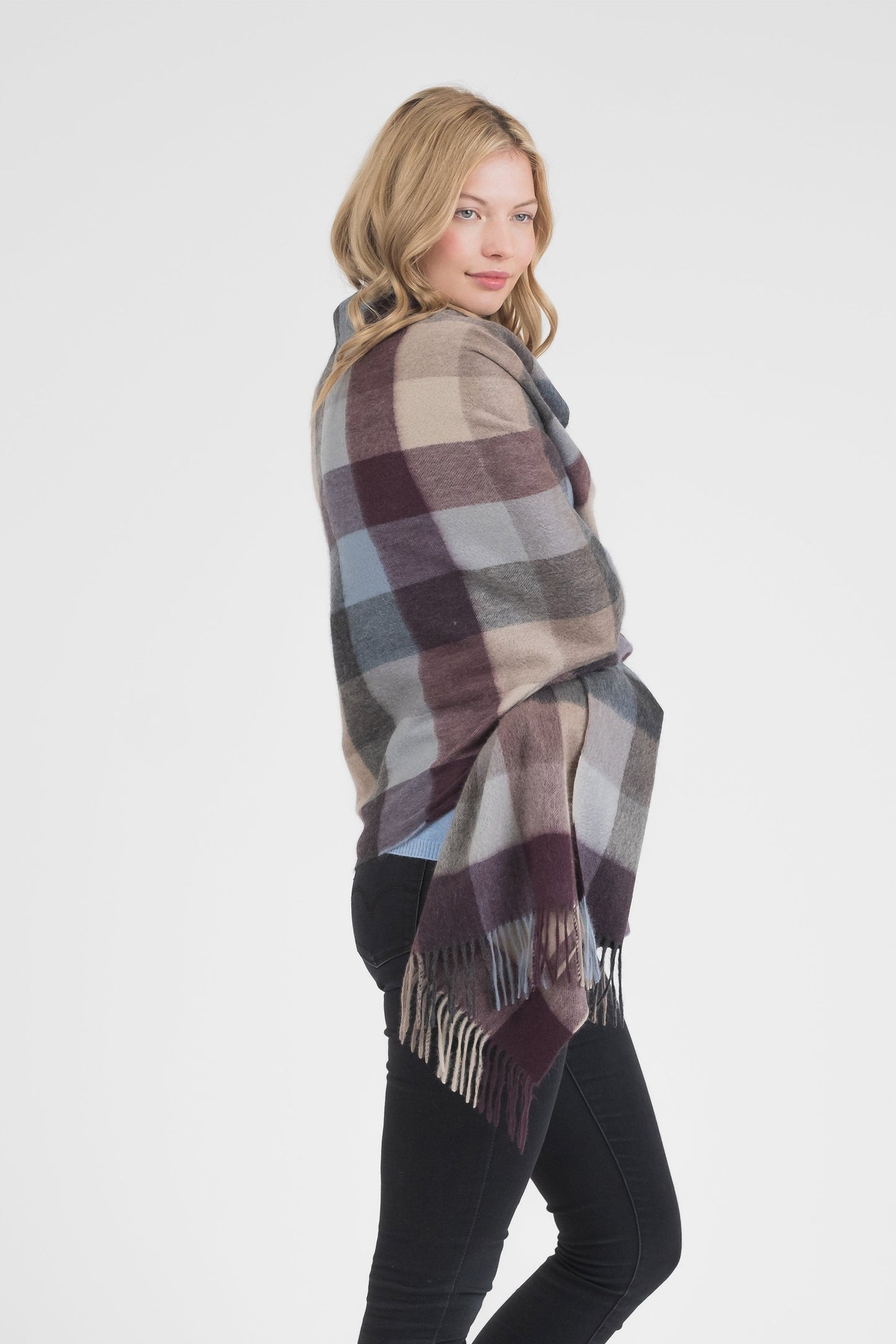 5 Square Check Cashmere Stole - Teal