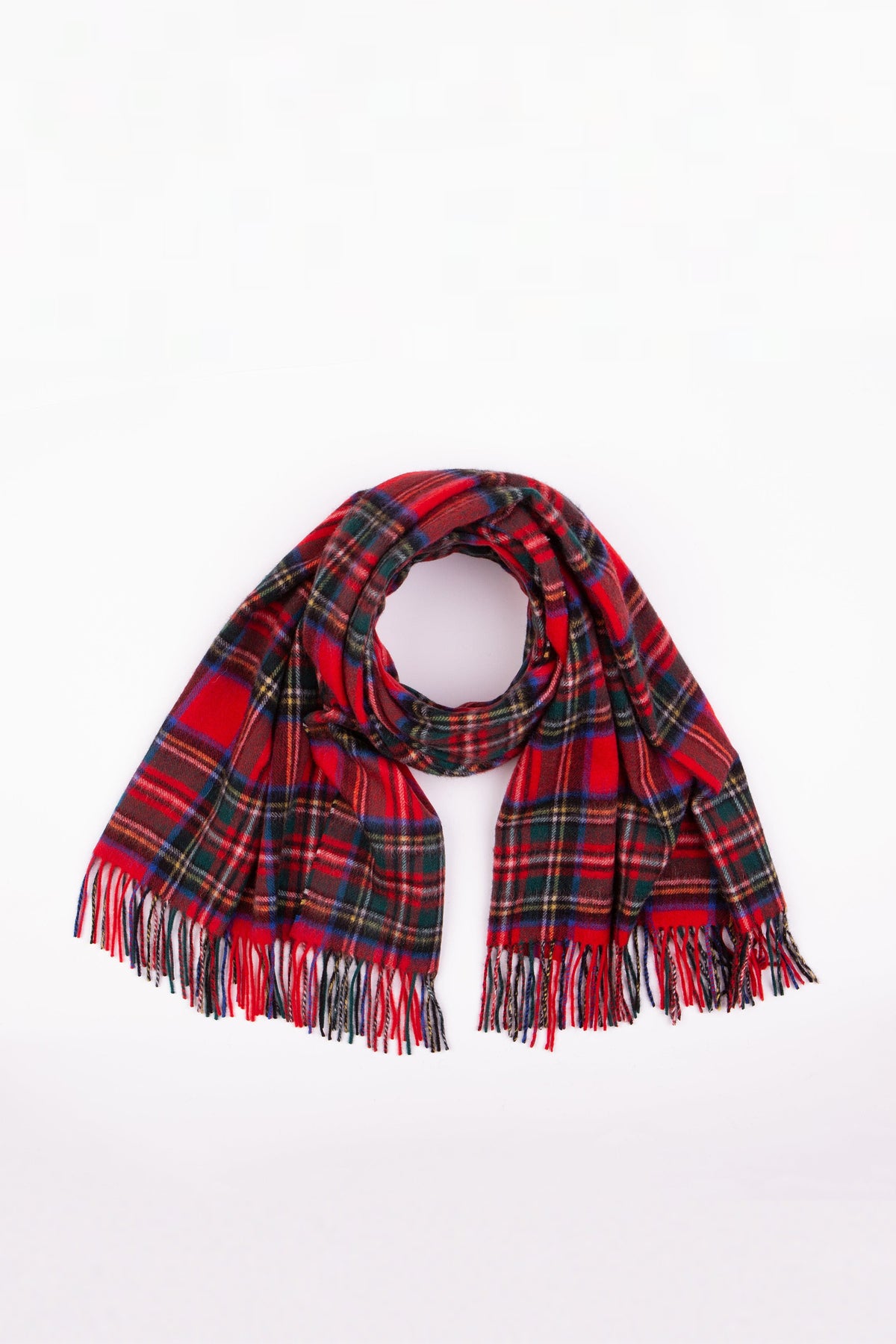 Heritage Tartan Cashmere Stole in Royal Stewart loosely looped showing full tartan pattern and fringed ends