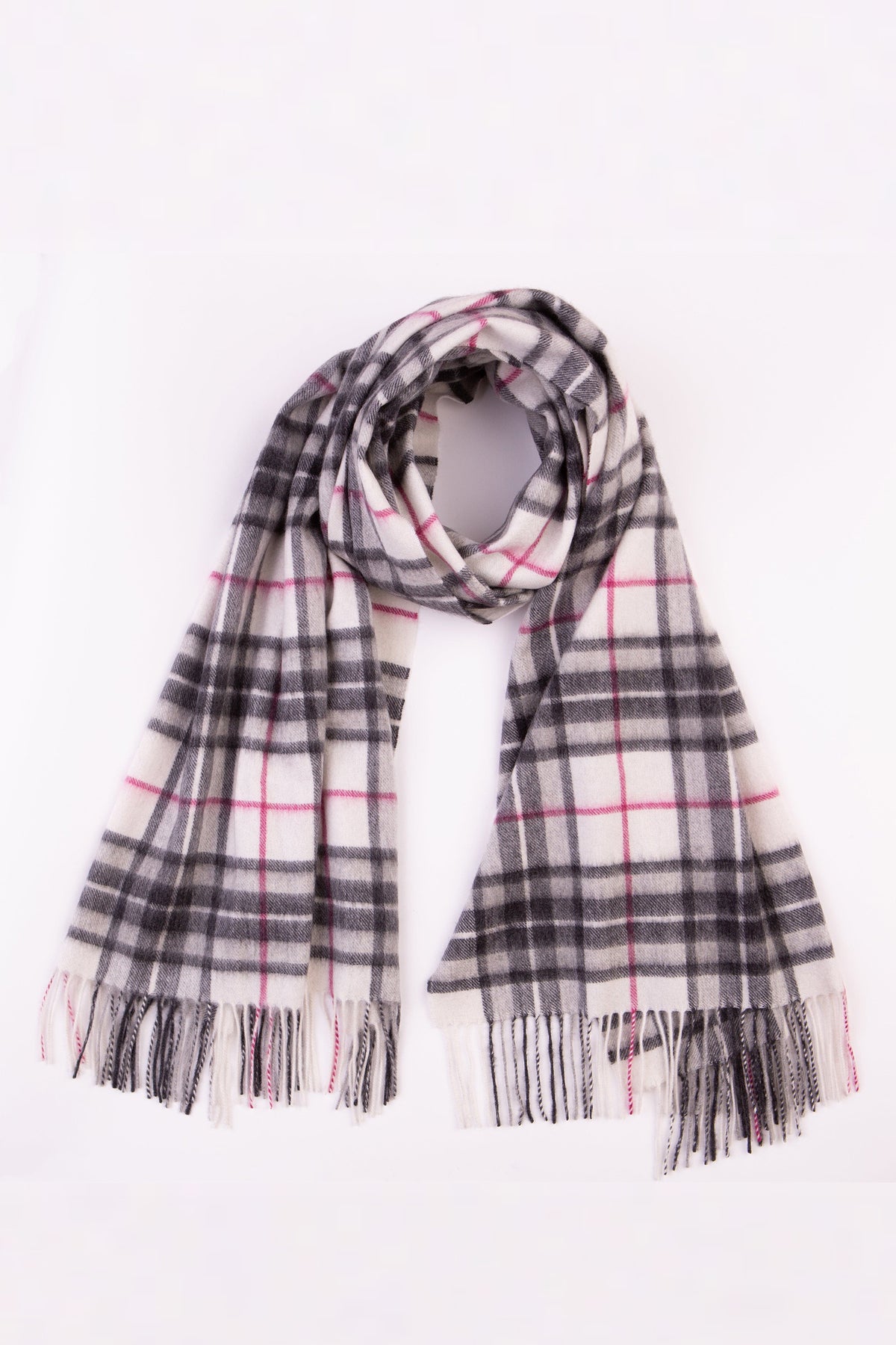 Scotty Thompson Cashmere Stole in White laid flat showing grey and pink tartan pattern with fringed ends