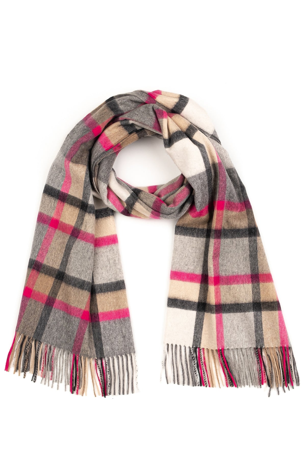 Princeton Check Cashmere Stole in Pink loosely looped showing full plaid pattern in grey, charcoal, beige, and hot pink with fringed ends