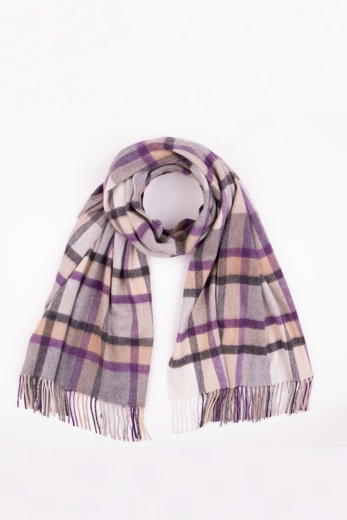 Princeton Check Cashmere Stole in Lavender draped and looped showing full plaid pattern in purple, grey, and cream with fringed ends