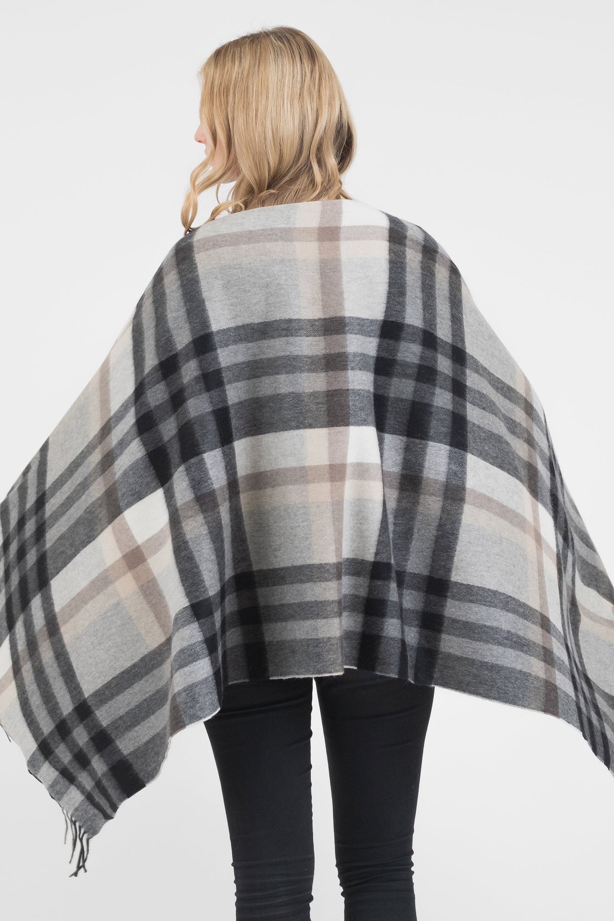 Back view of Tartan 2 Cashmere Stole in Black Grey draped over shoulders, showing full plaid pattern and fringed hem