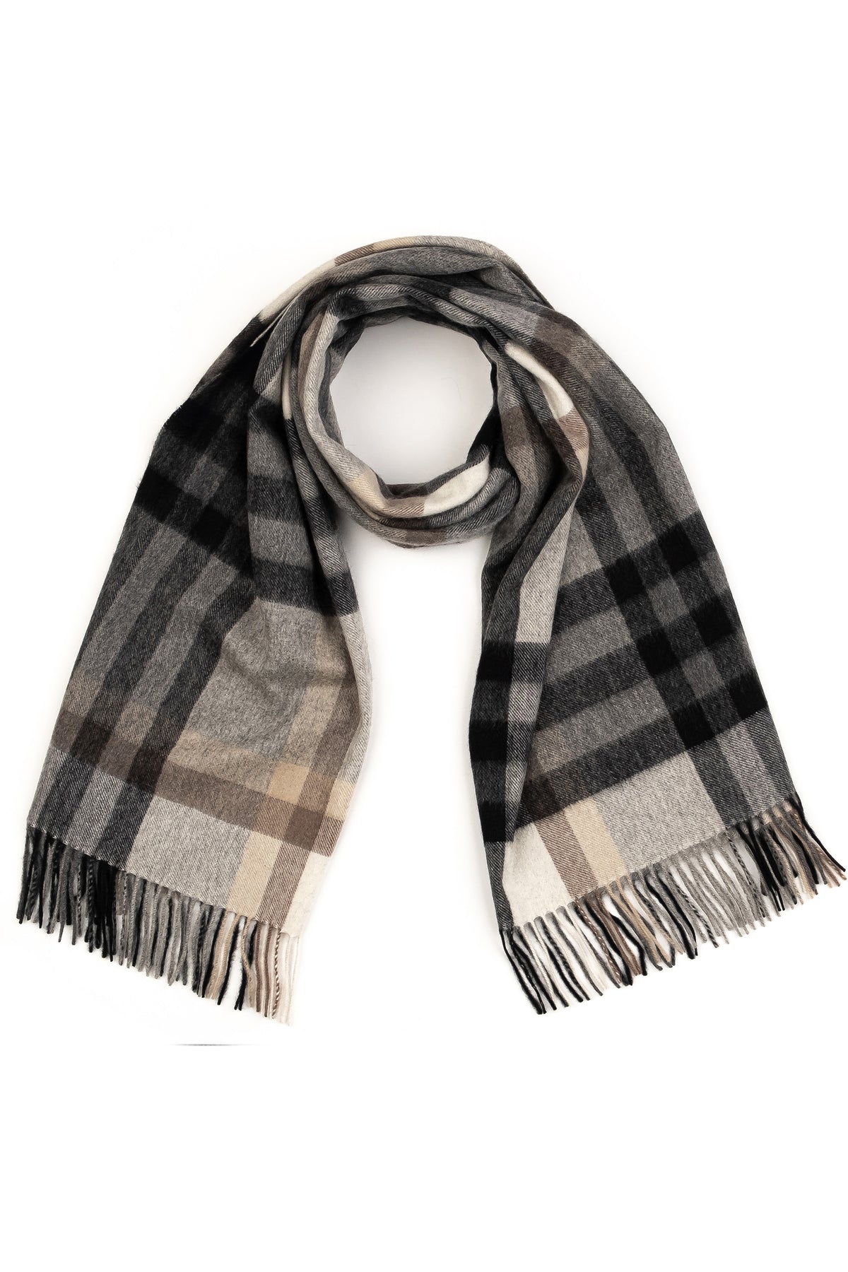 Tartan 2 Cashmere Stole in Black Grey laid flat and loosely looped, showing the full plaid pattern and fringed ends