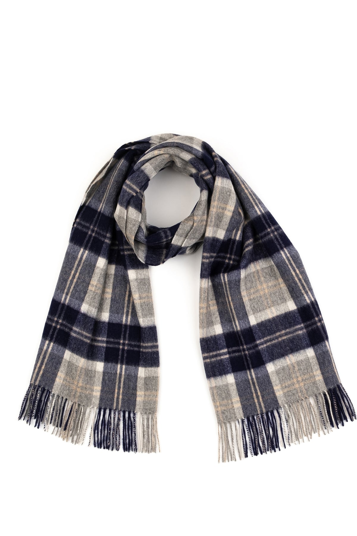 Heritage Tartan Cashmere Stole in Silver Bannockbane draped and looped, showing navy and grey plaid pattern with fringed ends