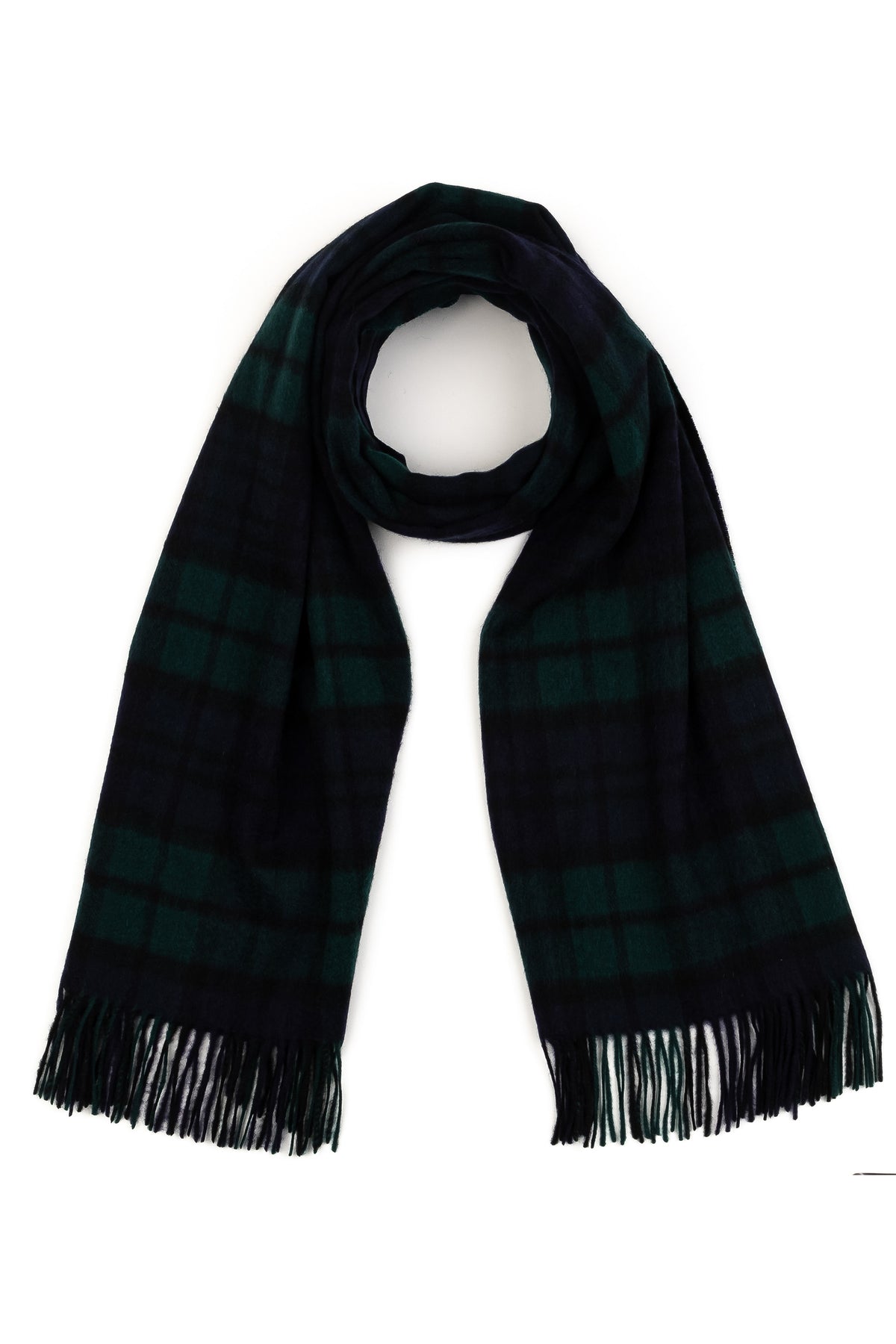 Heritage Tartan Cashmere Stole in Blackwatch draped and looped showing the green and navy plaid pattern with fringed ends