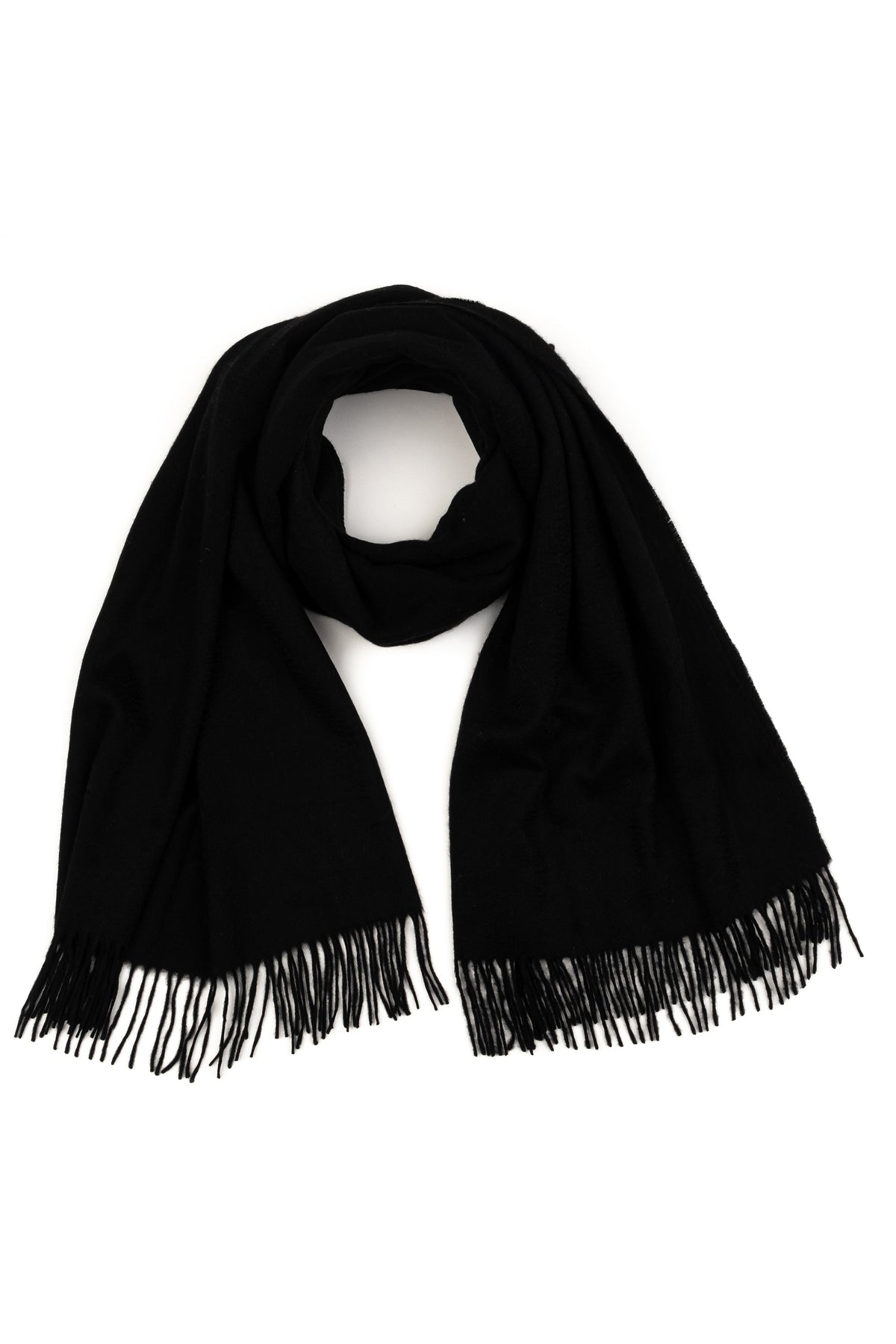 Solid Cashmere Stole in black draped in a loop showing soft texture and fringed ends on both sides