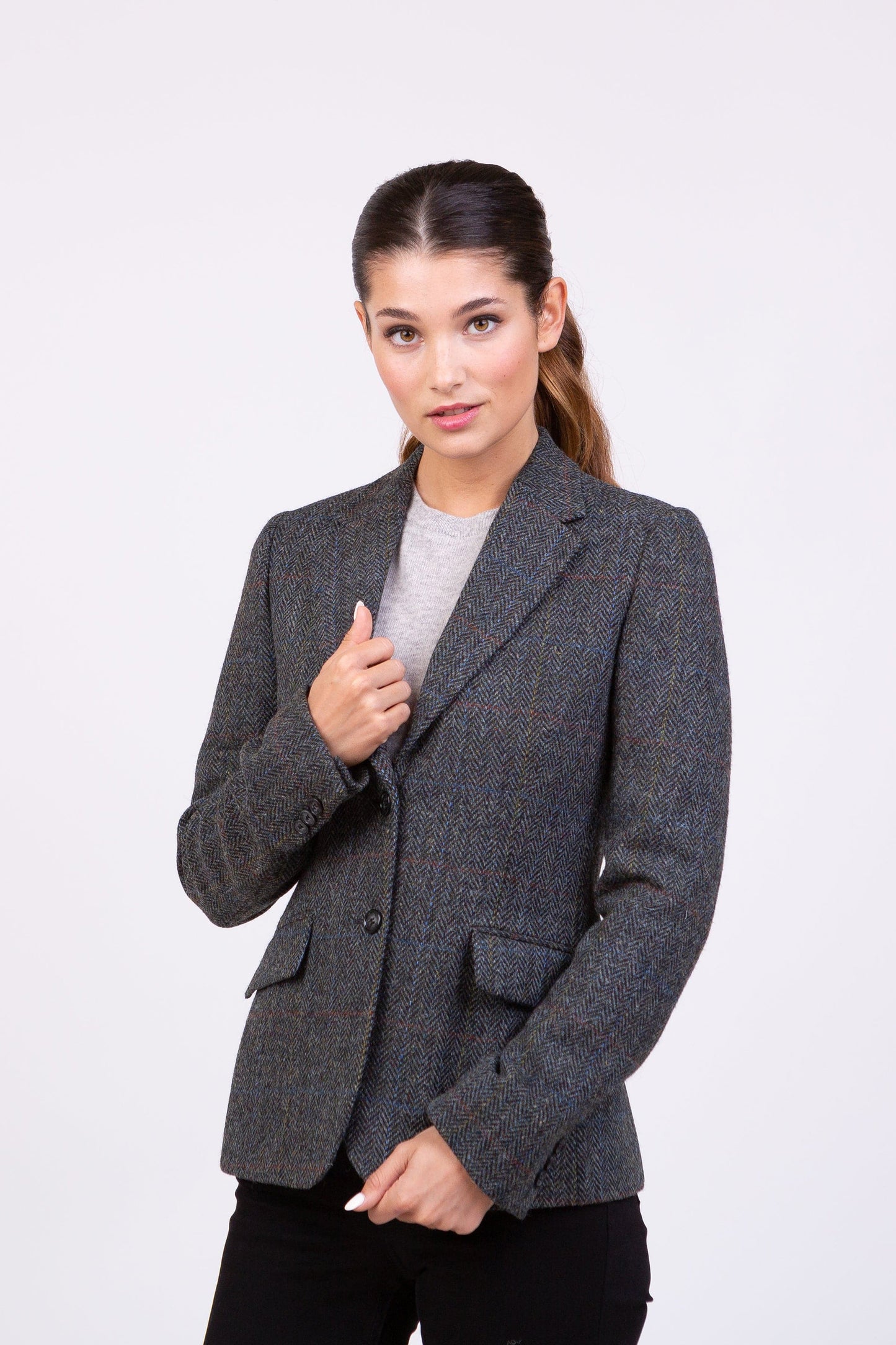Women's Harris Tweed Heather Blazer - Grey Herringbone Rust Check