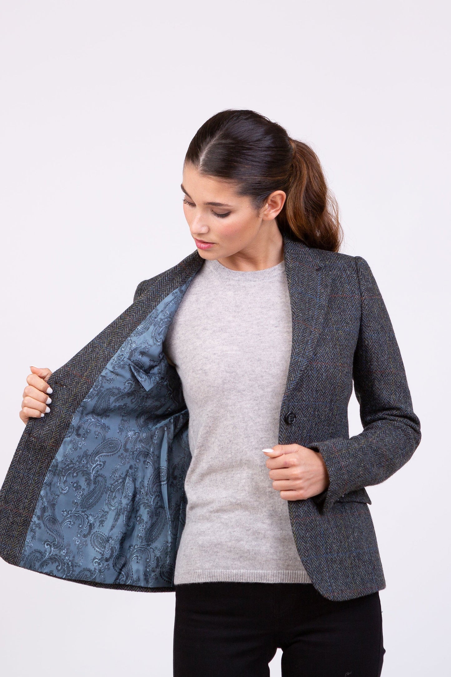 Women's Harris Tweed Heather Blazer - Grey Herringbone Rust Check