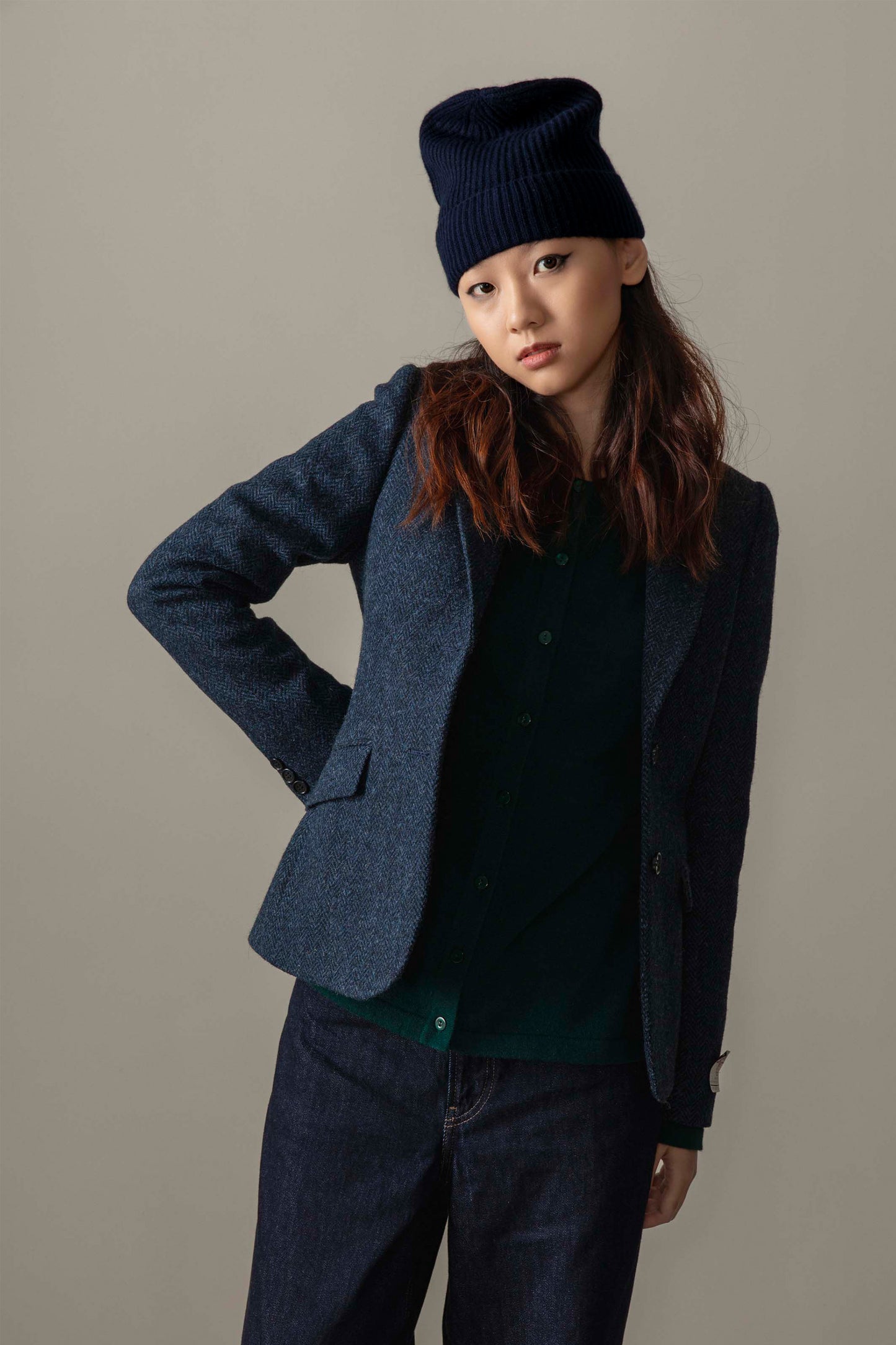 Women's Harris Tweed Heather Blazer - Dark Navy Blue Herringbone