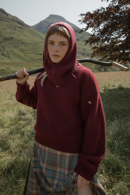 Cross Front Cashmere Hood - Burgundy