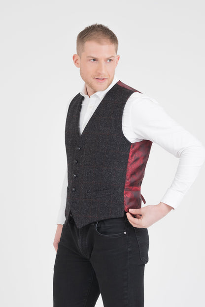 Harris Tweed Iain Waistcoat - Charcoal Red Check
