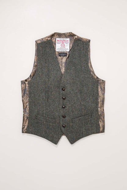 Harris Tweed Iain Waistcoat - Dark Green Herringbone