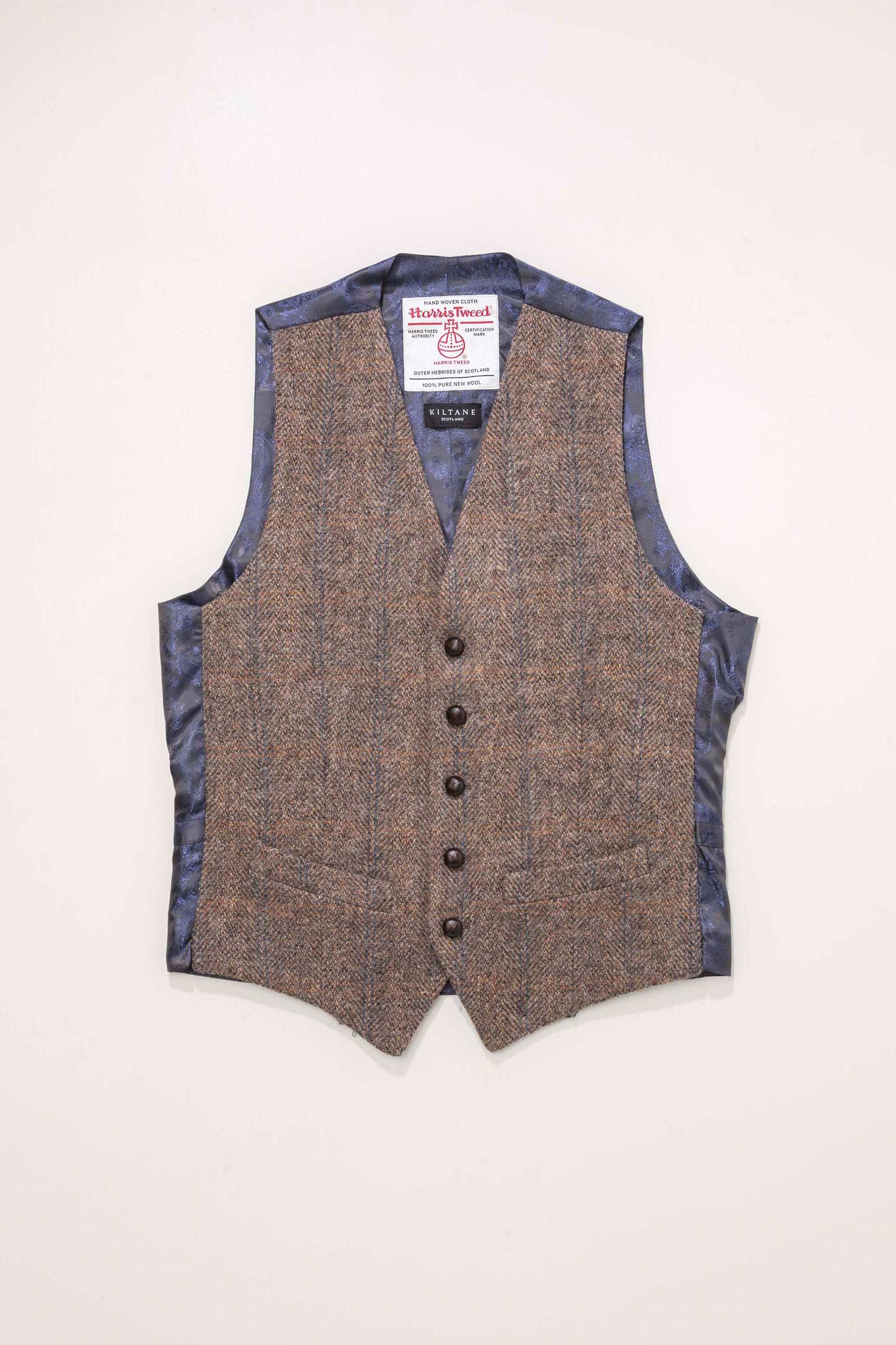 Harris Tweed Iain Waistcoat Brown Blue Windowpane – Kiltane