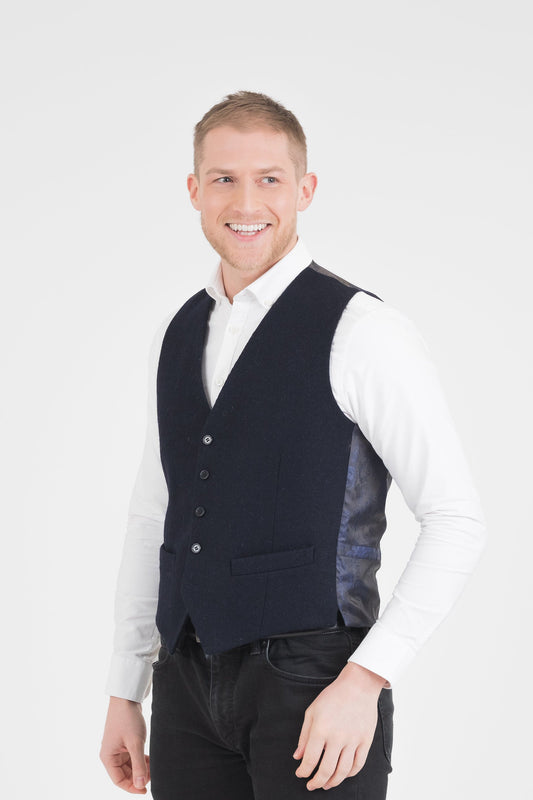 Harris Tweed Iain Waistcoat - Dark Navy Twill Solid