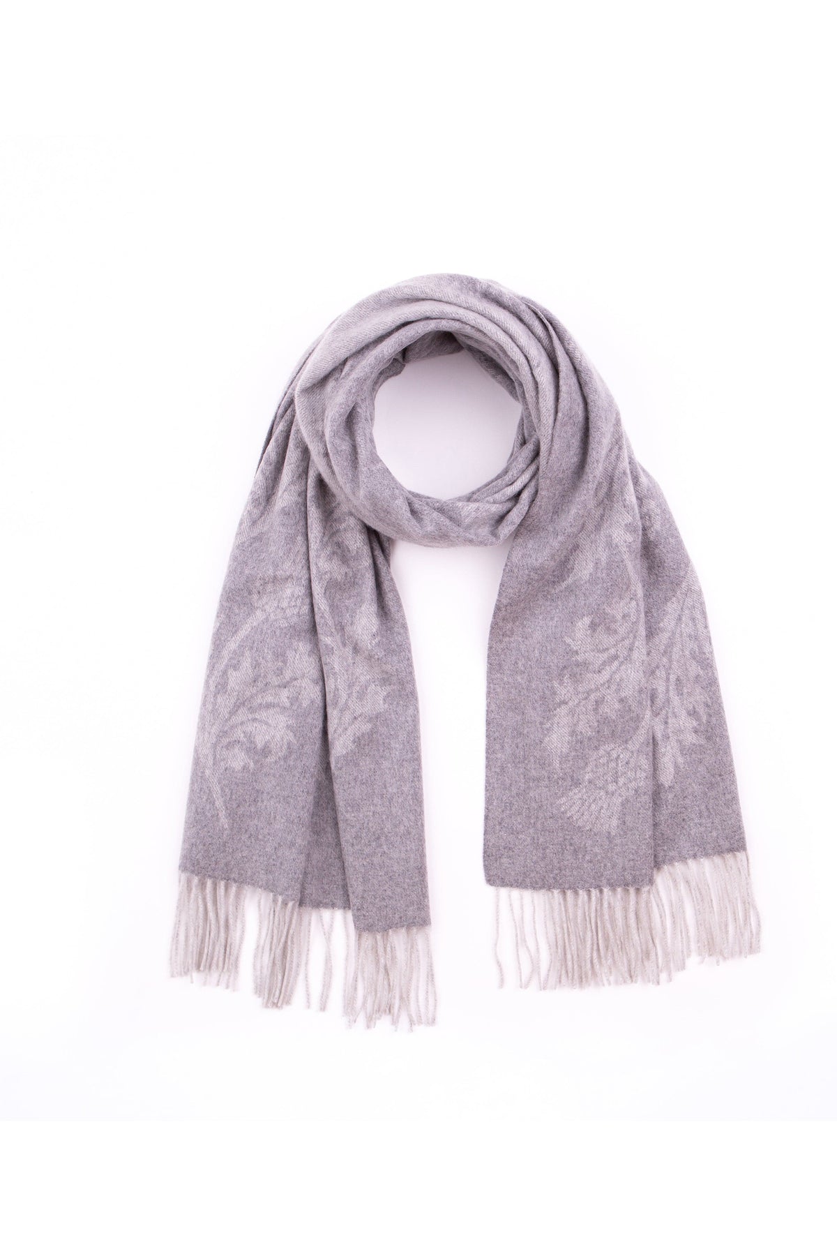 Jacquard Cashmere Stole in light grey with tonal floral jacquard pattern, draped and looped on white background with fringed ends