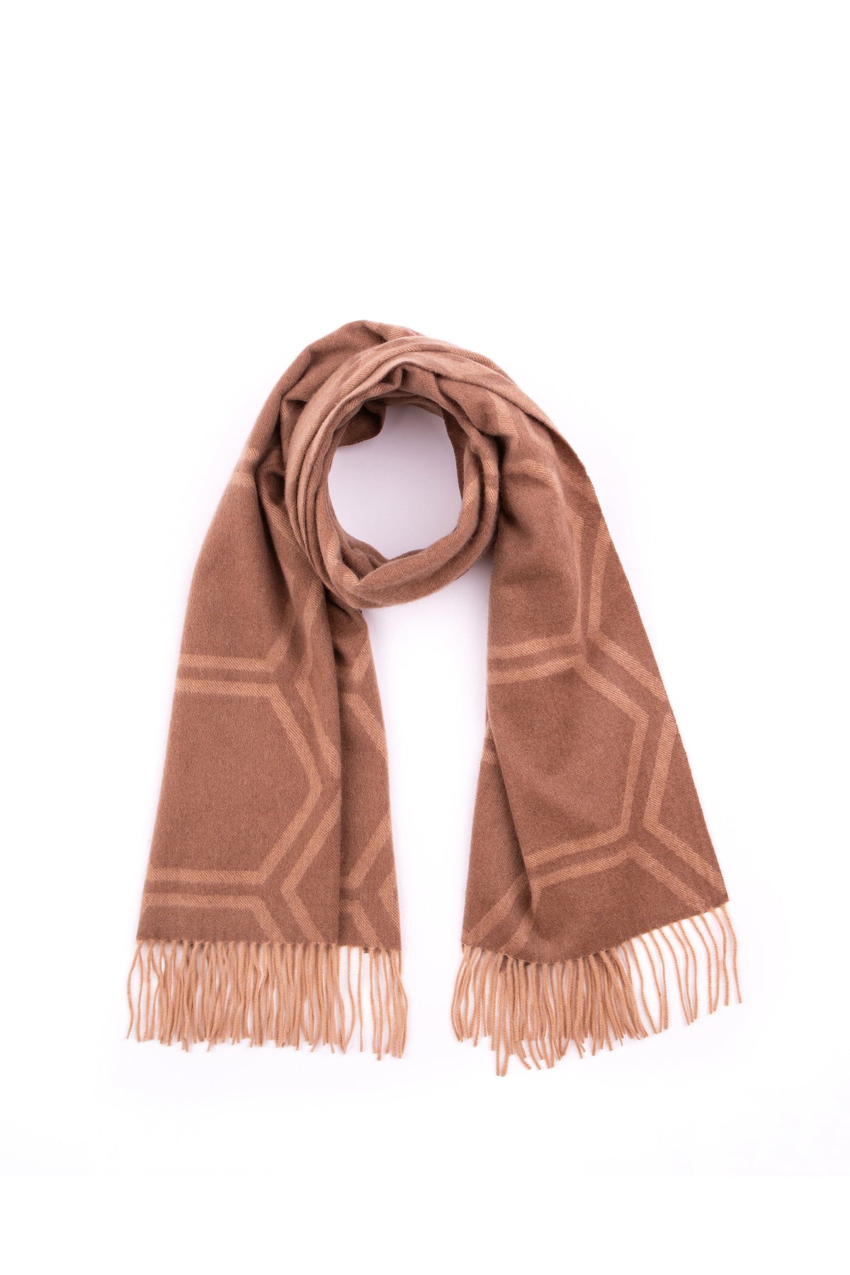 Jacquard Cashmere Geo Stole in camel, looped flat lay showing tonal hexagonal geometric pattern with fringed ends