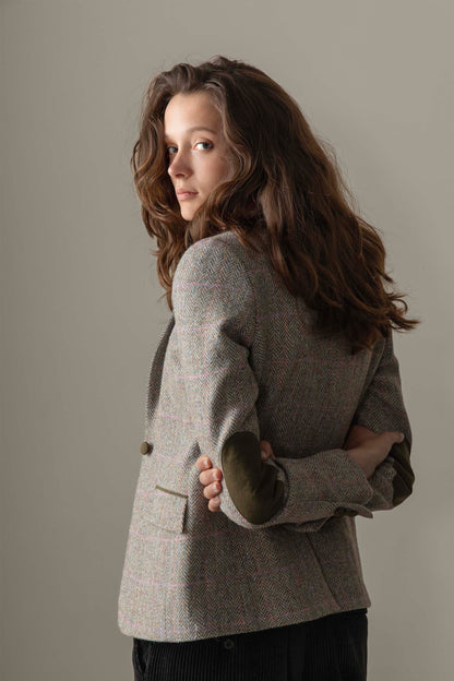 Women's Harris Tweed Janice Blazer - Blue Beige Pink Windowpane