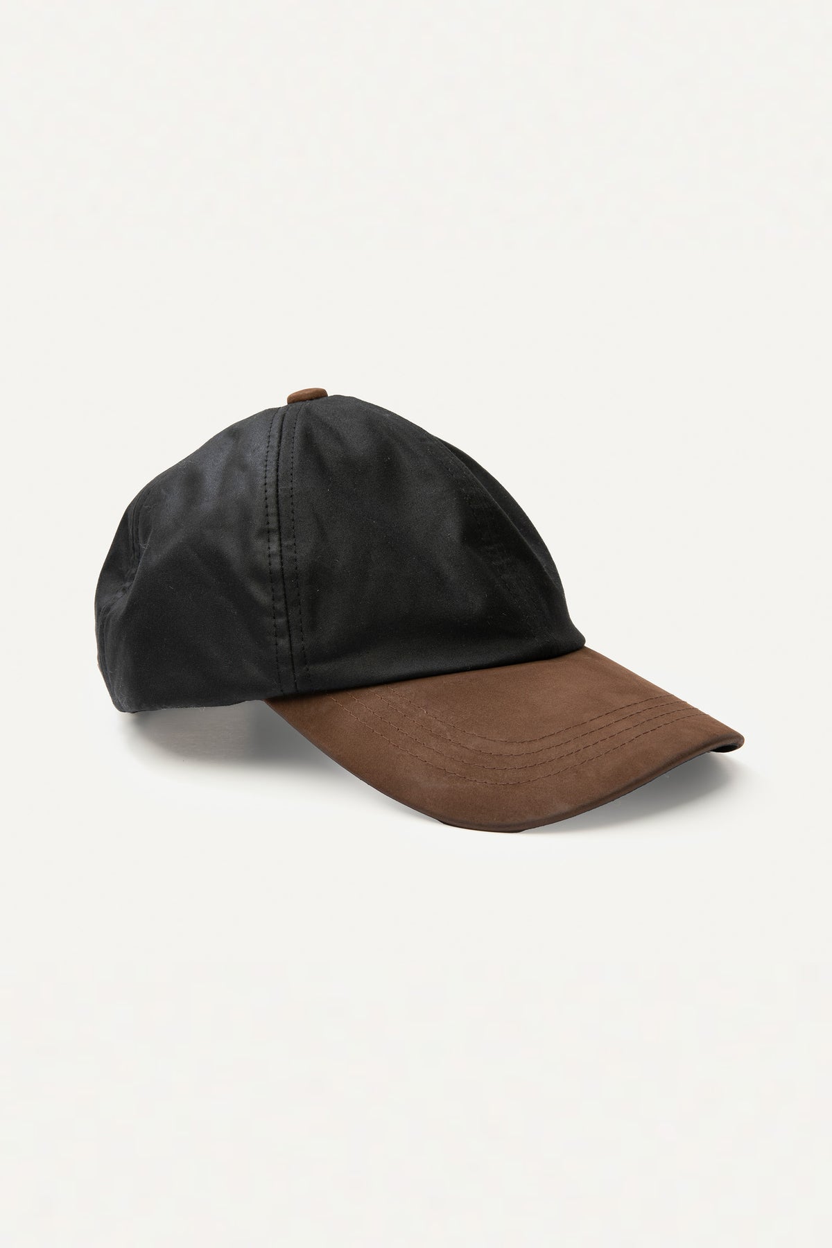 Wax Baseball Cap in black with brown suede-look brim and matching top button, three-quarter front view