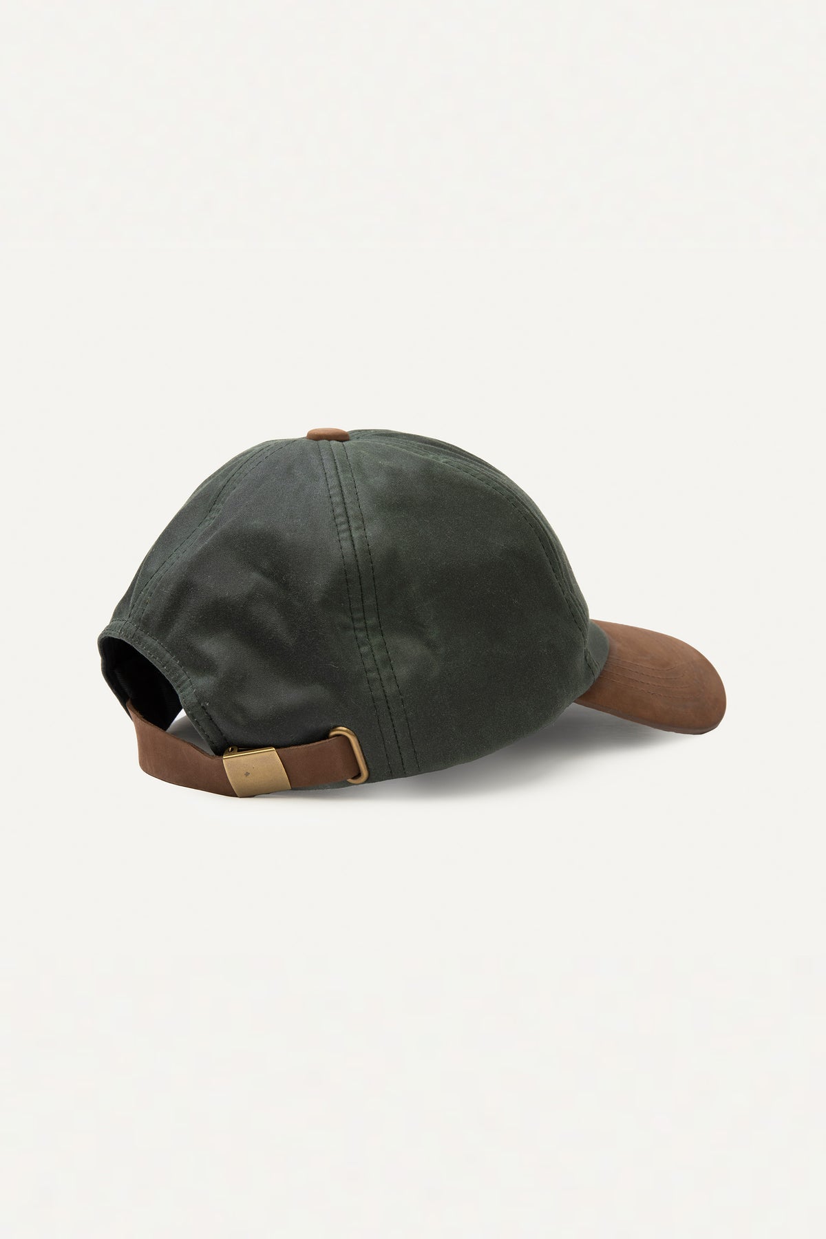 Back view of Wax Baseball Cap in olive showing brass buckle closure and brown leather adjustable strap