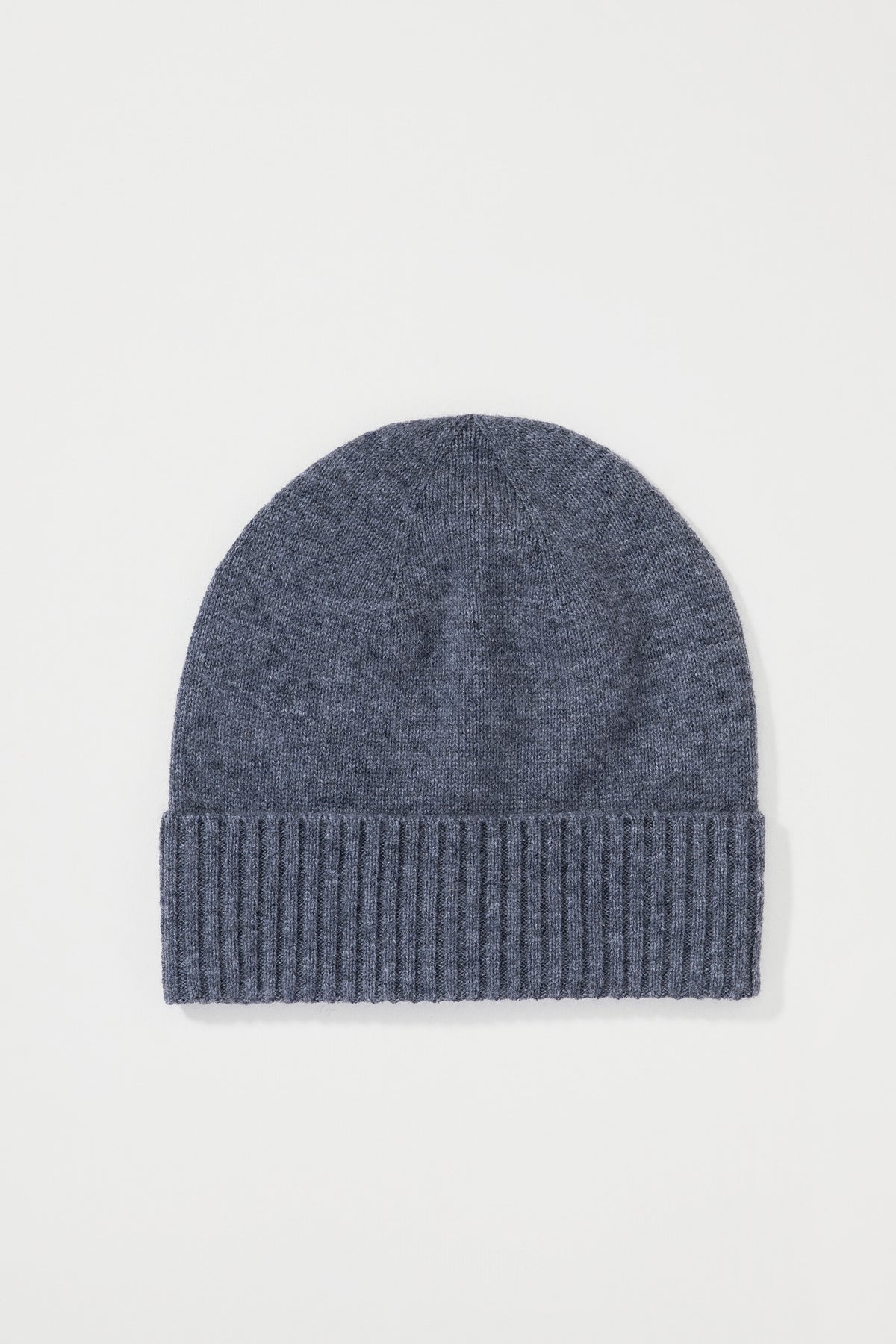 Unisex Cashmere Plain Beanie Hat in Derby Grey laid flat, showing ribbed fold-up cuff and smooth stockinette knit crown