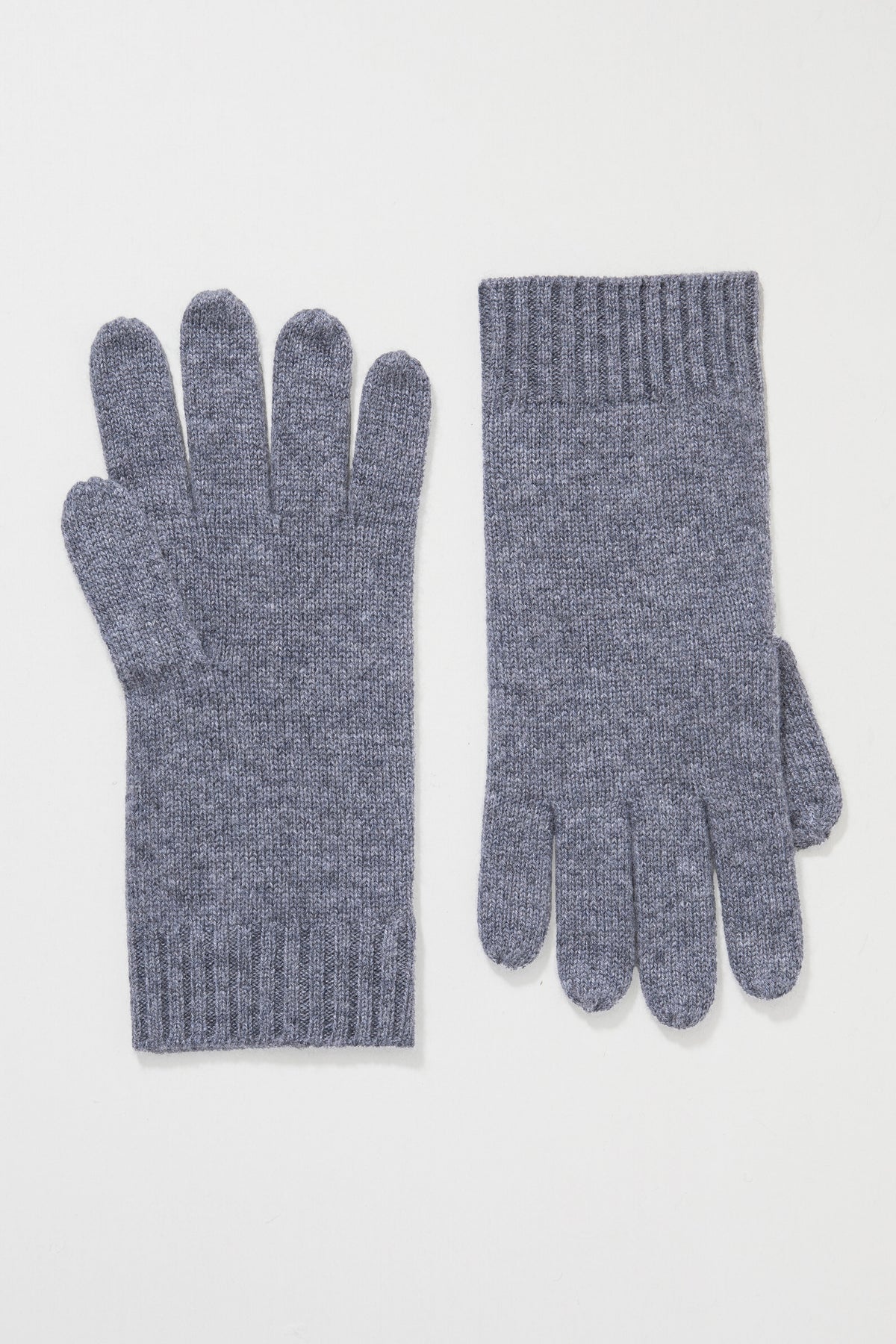 Men's Cashmere Plain Gloves in Derby Grey, soft knit pair laid flat showing ribbed cuffs and stockinette stitch
