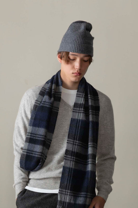 Unisex Cashmere Ribbed Beanie Hat - Steel