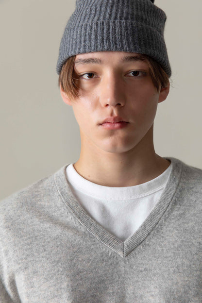 Unisex Cashmere Ribbed Beanie Hat - Steel