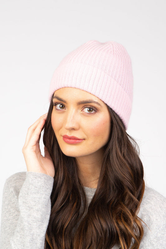 Unisex Cashmere Ribbed Beanie Hat - Baby Pink