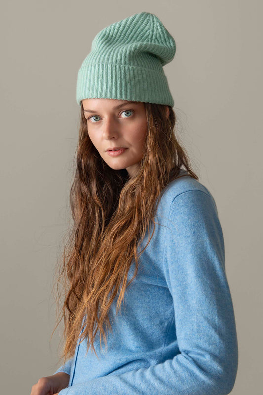 Unisex Cashmere Ribbed Beanie Hat - Brume