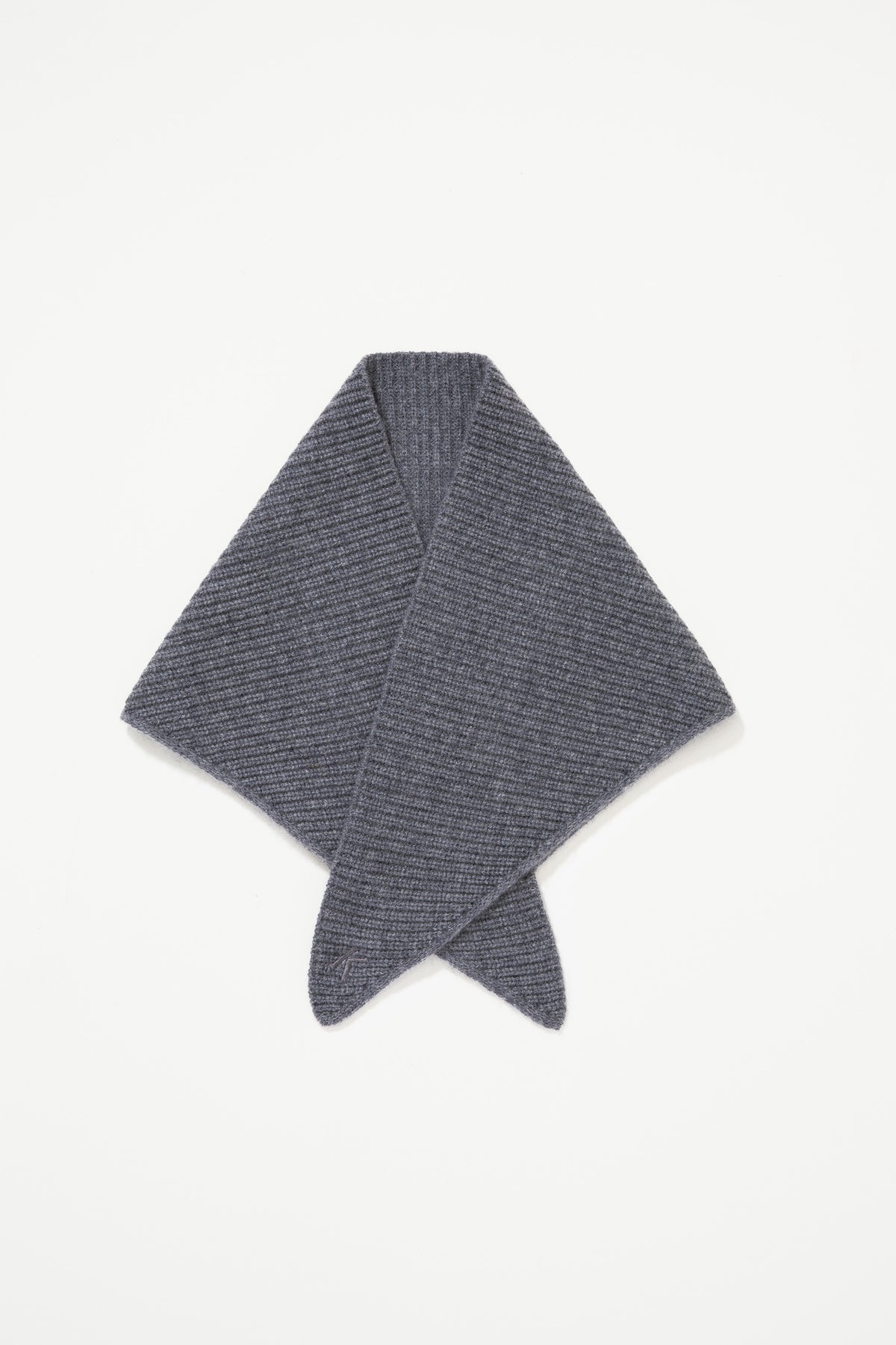 Knitted Cashmere Neck Tie in grey, folded flat showing diamond shape with crossed ends and ribbed knit texture