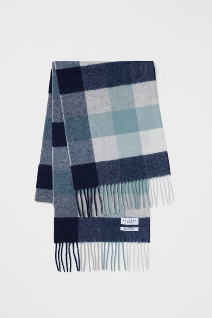 Kiltane Checkers Lambswool Scarf in Navy Brume, featuring navy, sage green, and cream check pattern with fringed ends