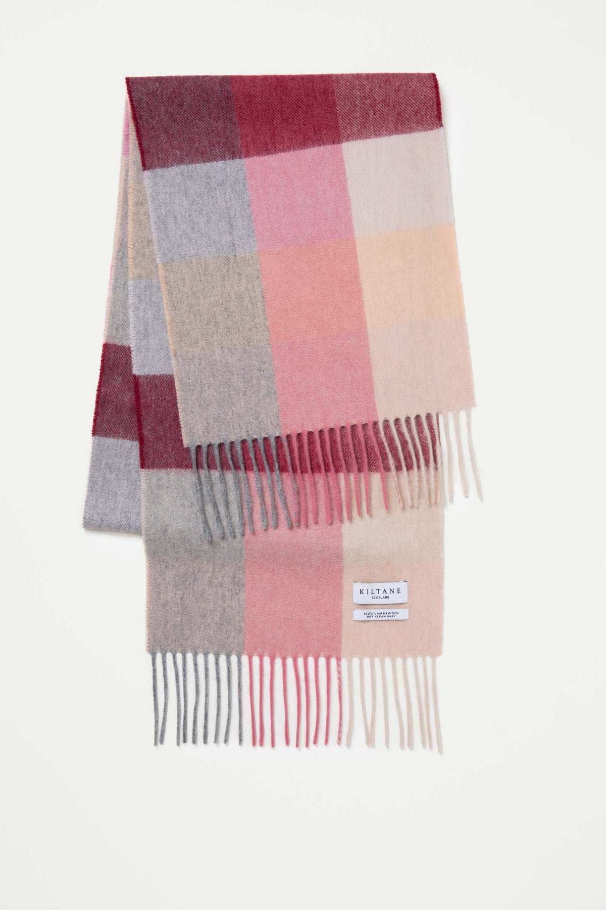 3 Square Check Lambswool Scarf in Summer Fruits folded flat showing full check pattern in pink, coral, grey, and burgundy with fringed ends