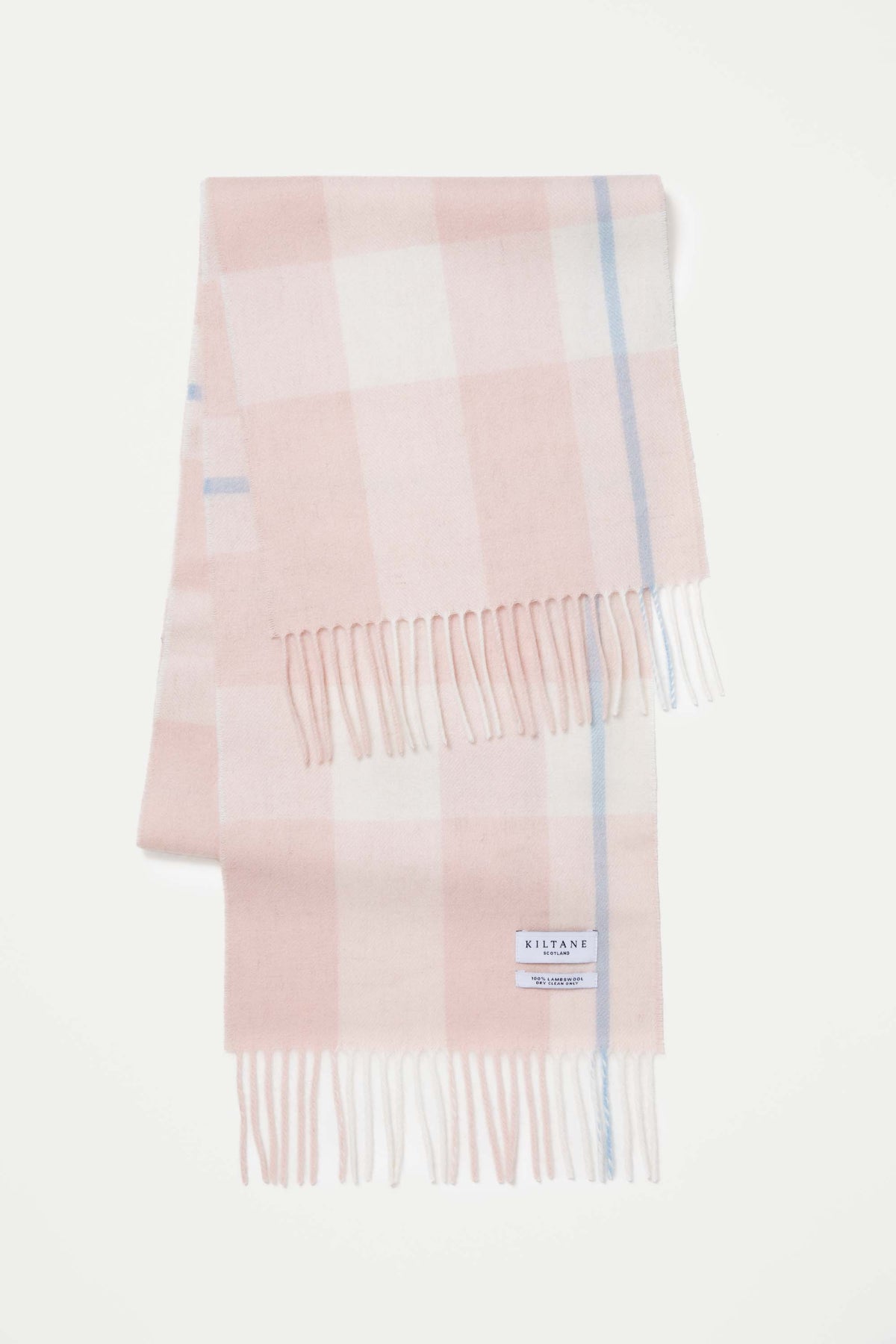 Kiltane Contemporary Check Lambswool Scarf in Champagne Pink folded flat showing full check pattern and fringed ends