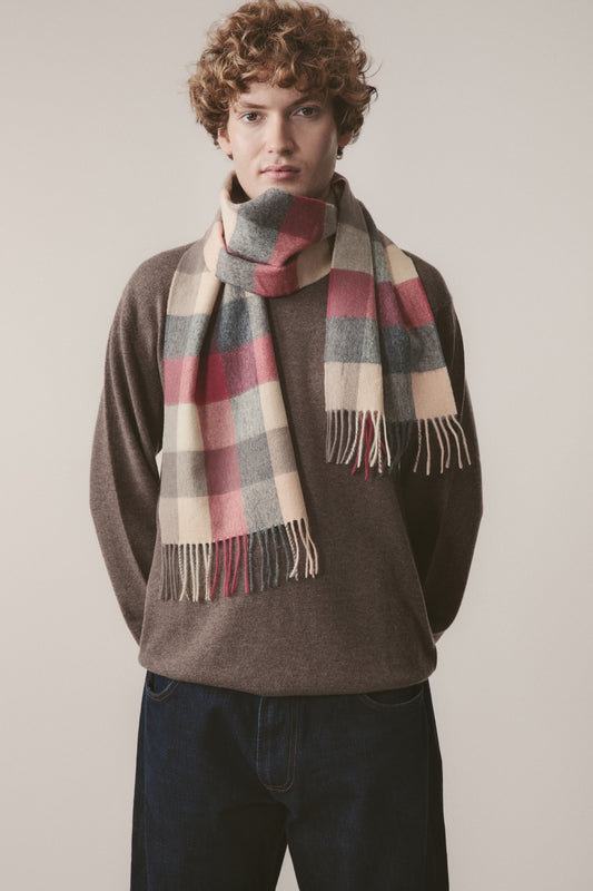 5 Square Check Lambswool Scarf - Grey Rose