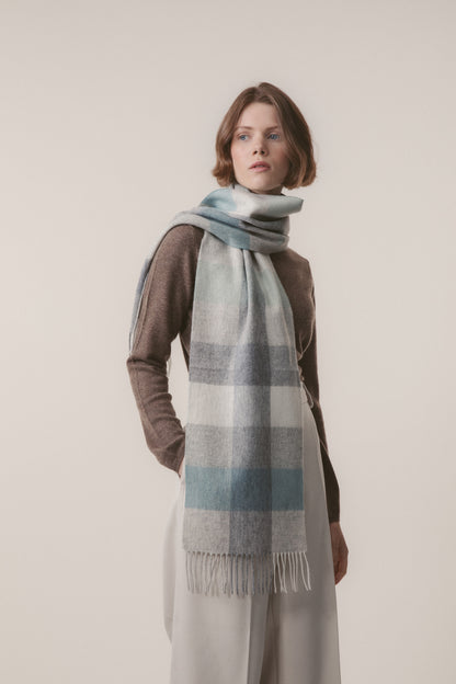 3 Square Check Lambswool Scarf - Sea Breeze